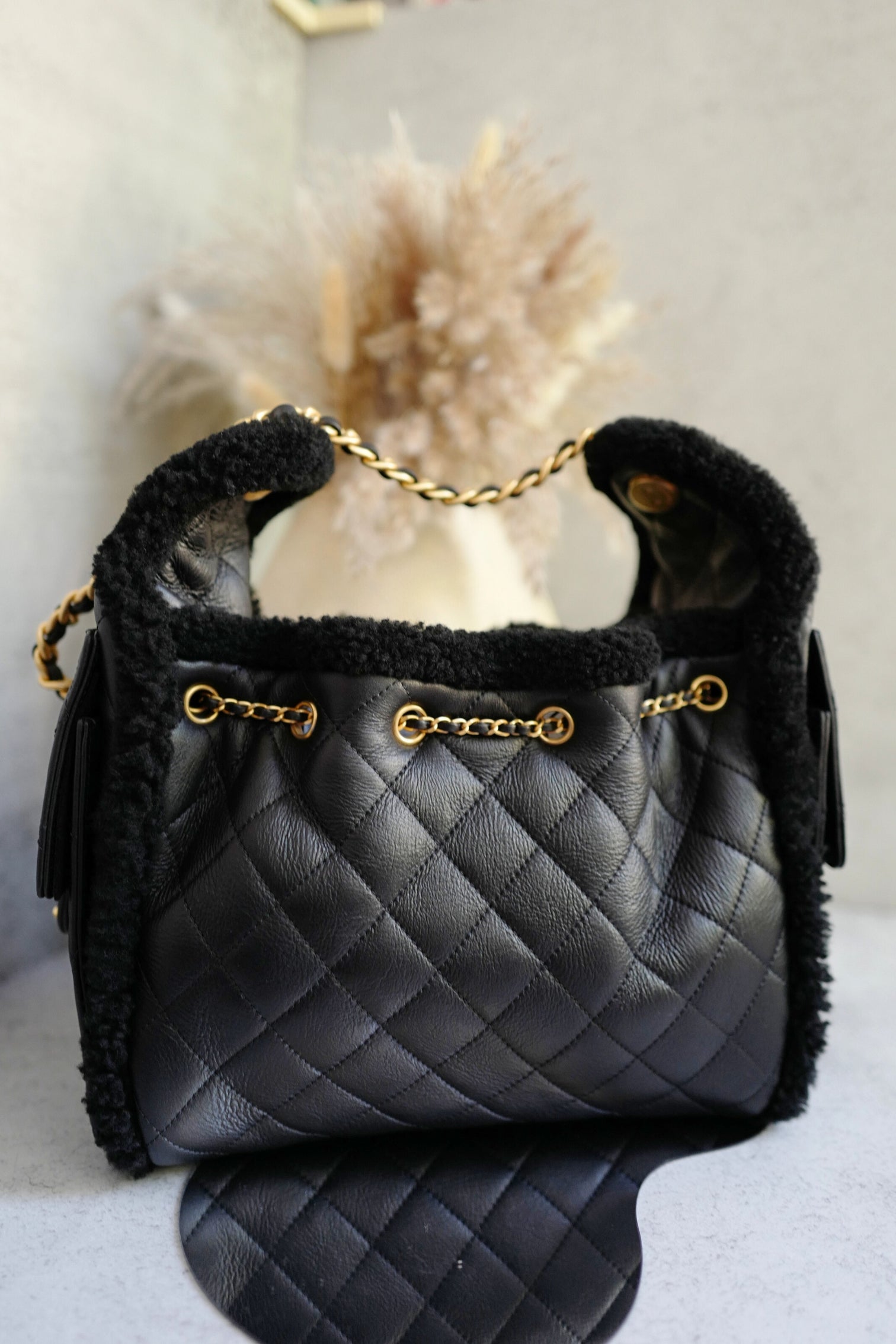 Chanel 25K Small Hobo Bag in Black Shearling and Calfskin Leather Gold Hardware