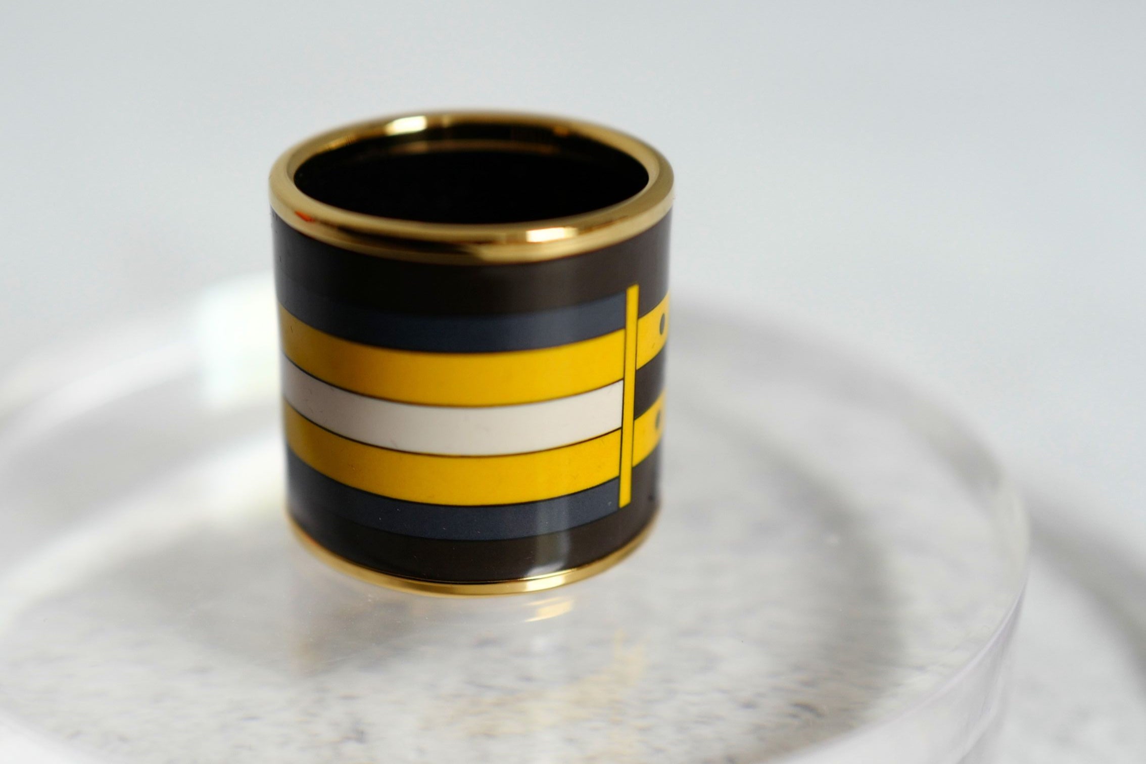 Hermès Rocabar Enamel Scarf Ring Black/Yellow/Blue Striped