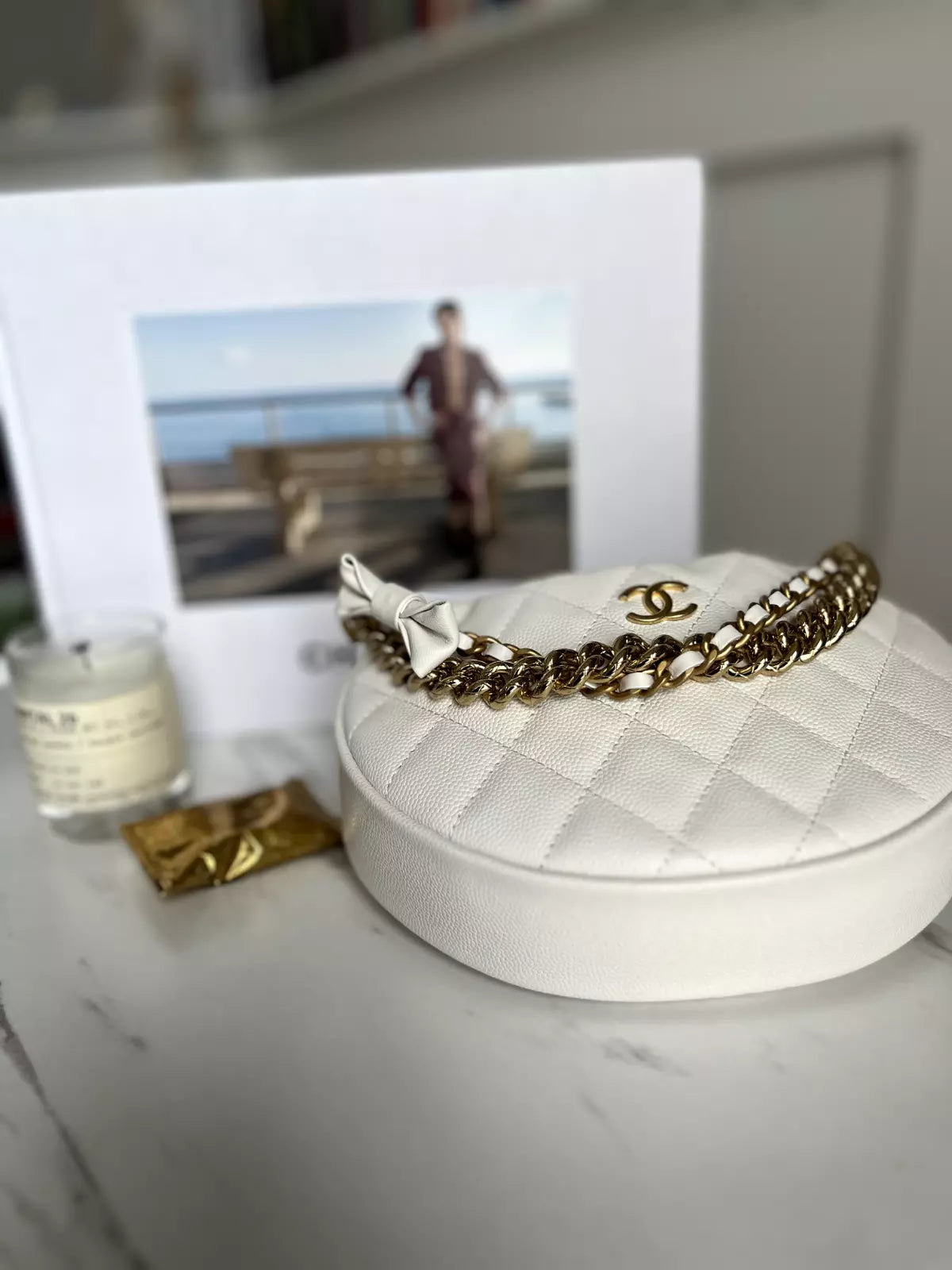 Chanel 24S White Calfskin Pouch on Gold Chain