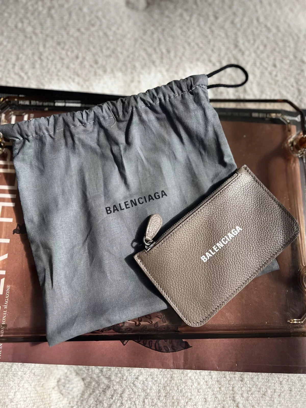 Balenciaga Cash Large Coin Card Holder in brown & white metallized grained calf