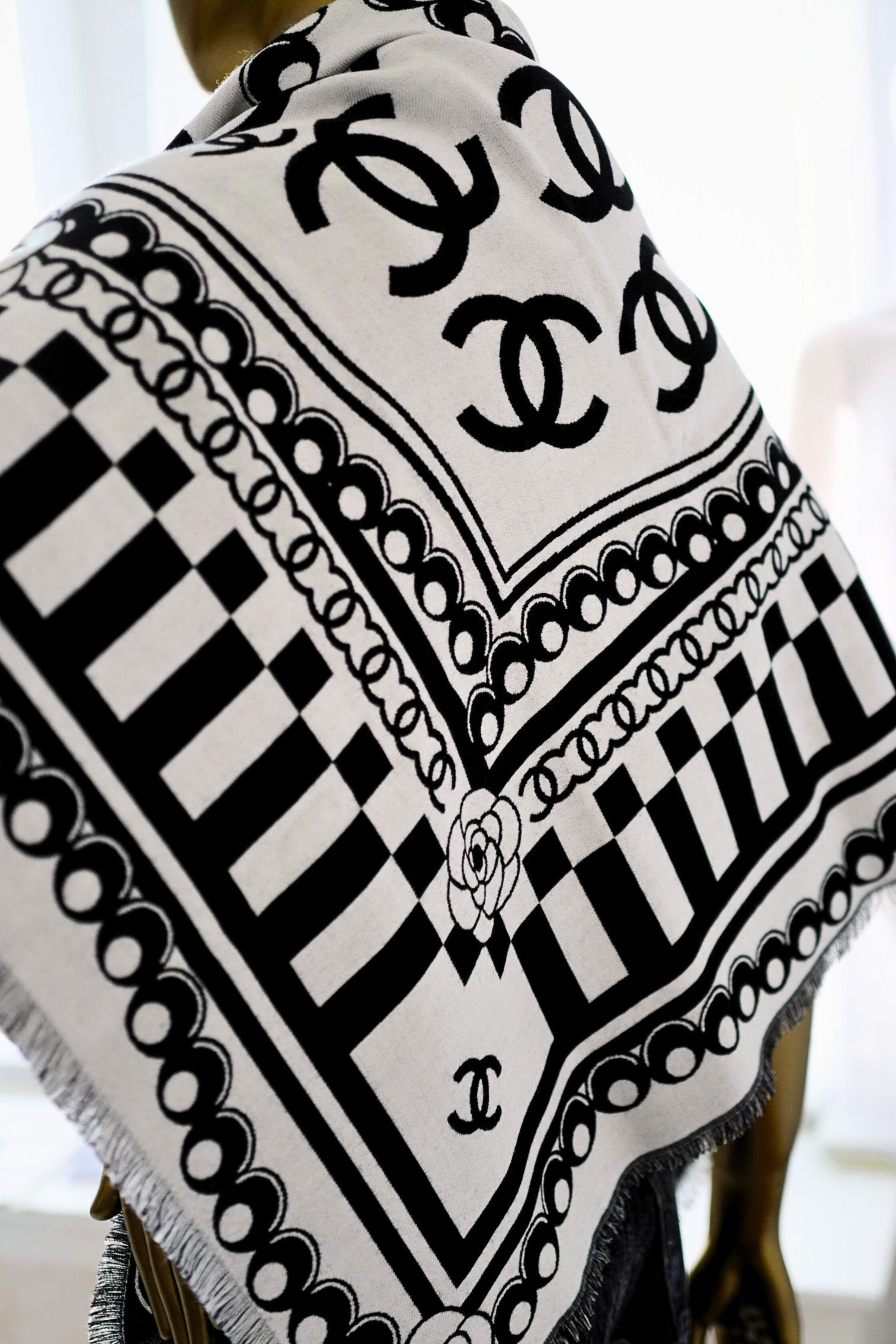 CHANEL 26C Black White Checkered Double CC Scarf Shawl