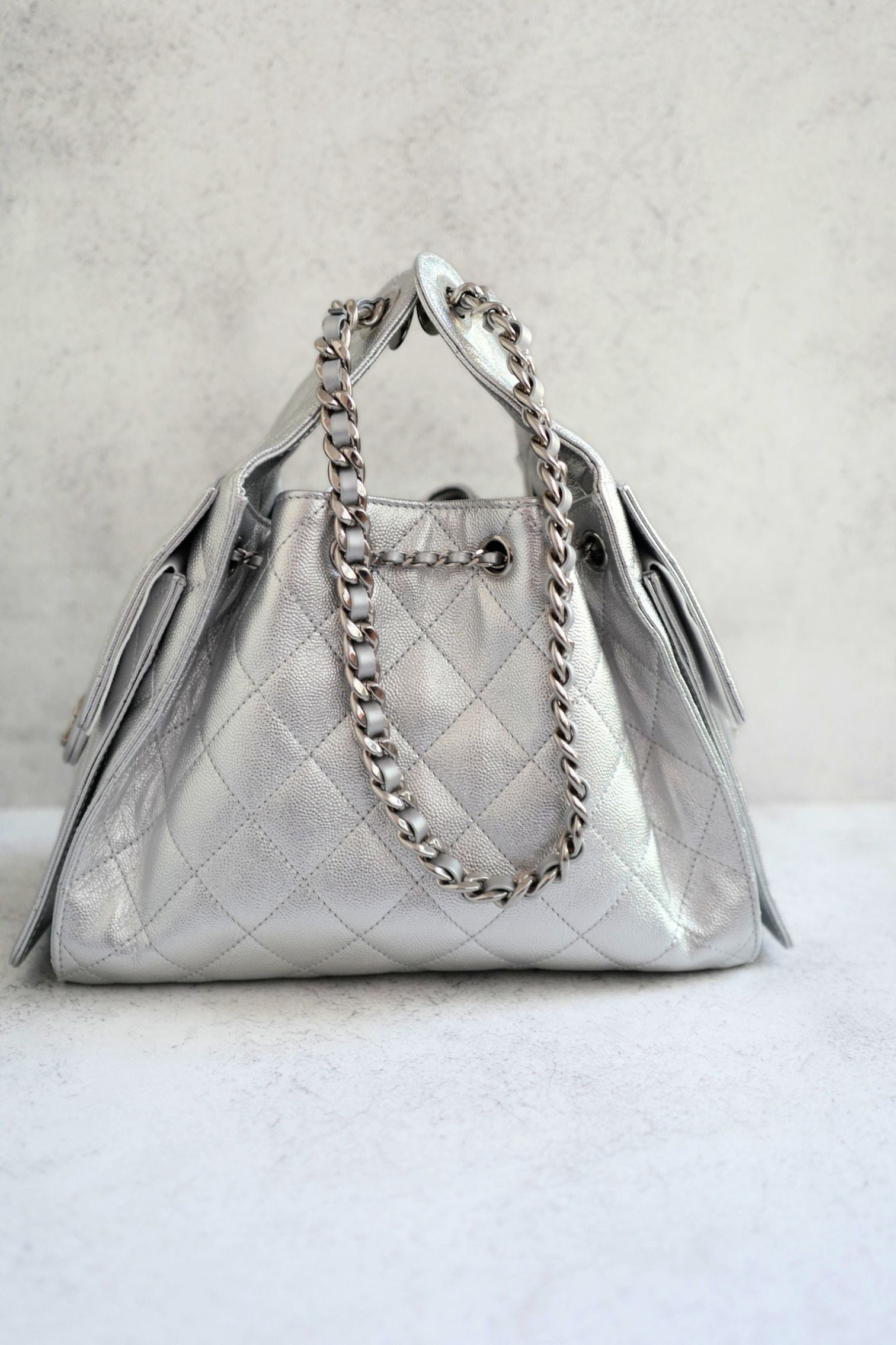 Chanel 26C Small Hobo Silver Metallic Grained Calfskin Silver Hardware