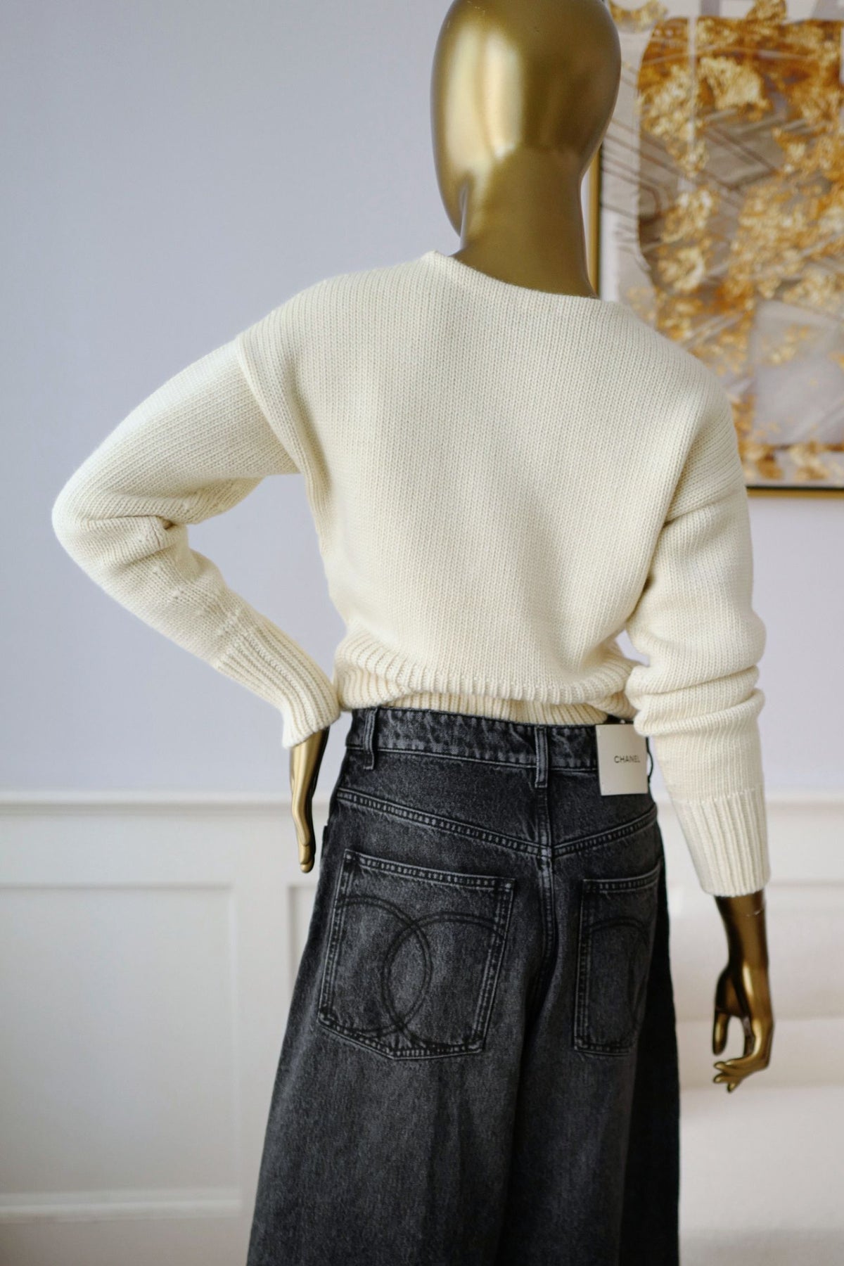 NEW Chanel 26N Pullover Sweater Wool & Cashmere Ecru Black CC Logo Size 36