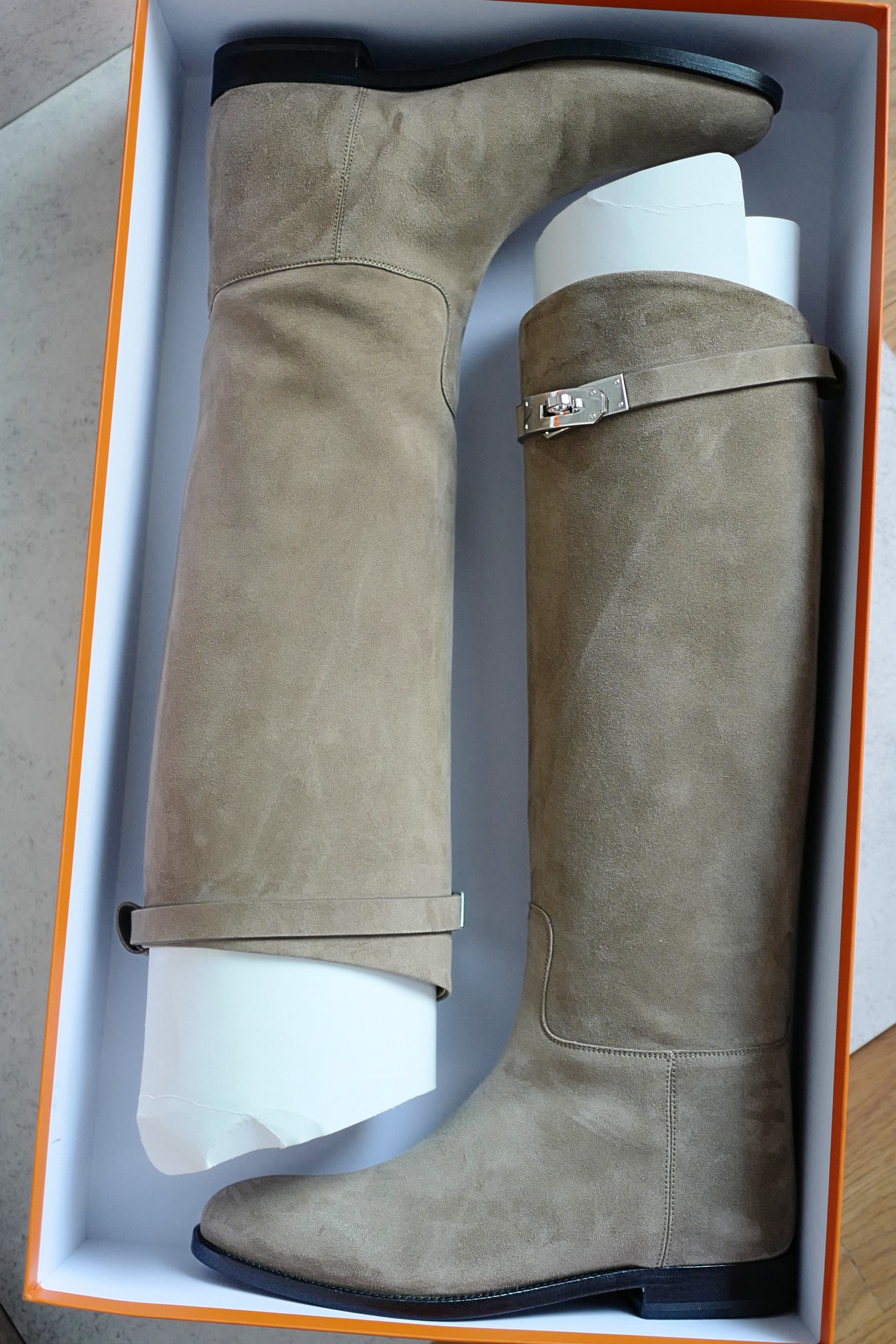 Hermès Jumping Supple Suede Goatskin Boots Étoupe with Palladium Hardware Size 38