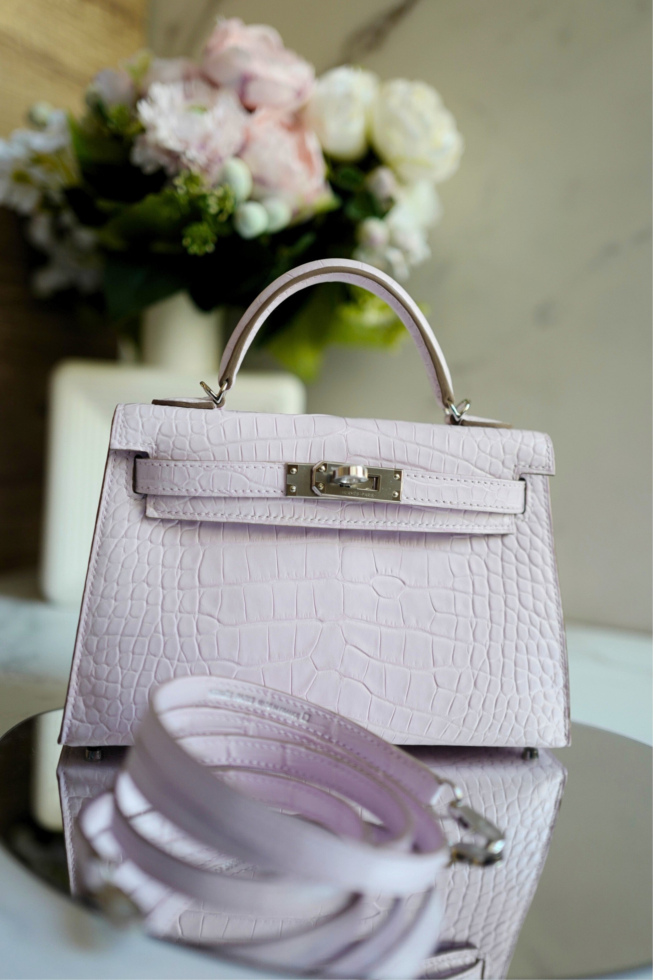 BNIB Hermès Mini Kelly 20 Mauve Pale Matte Alligator Palladium Hardware K Stamp 2025