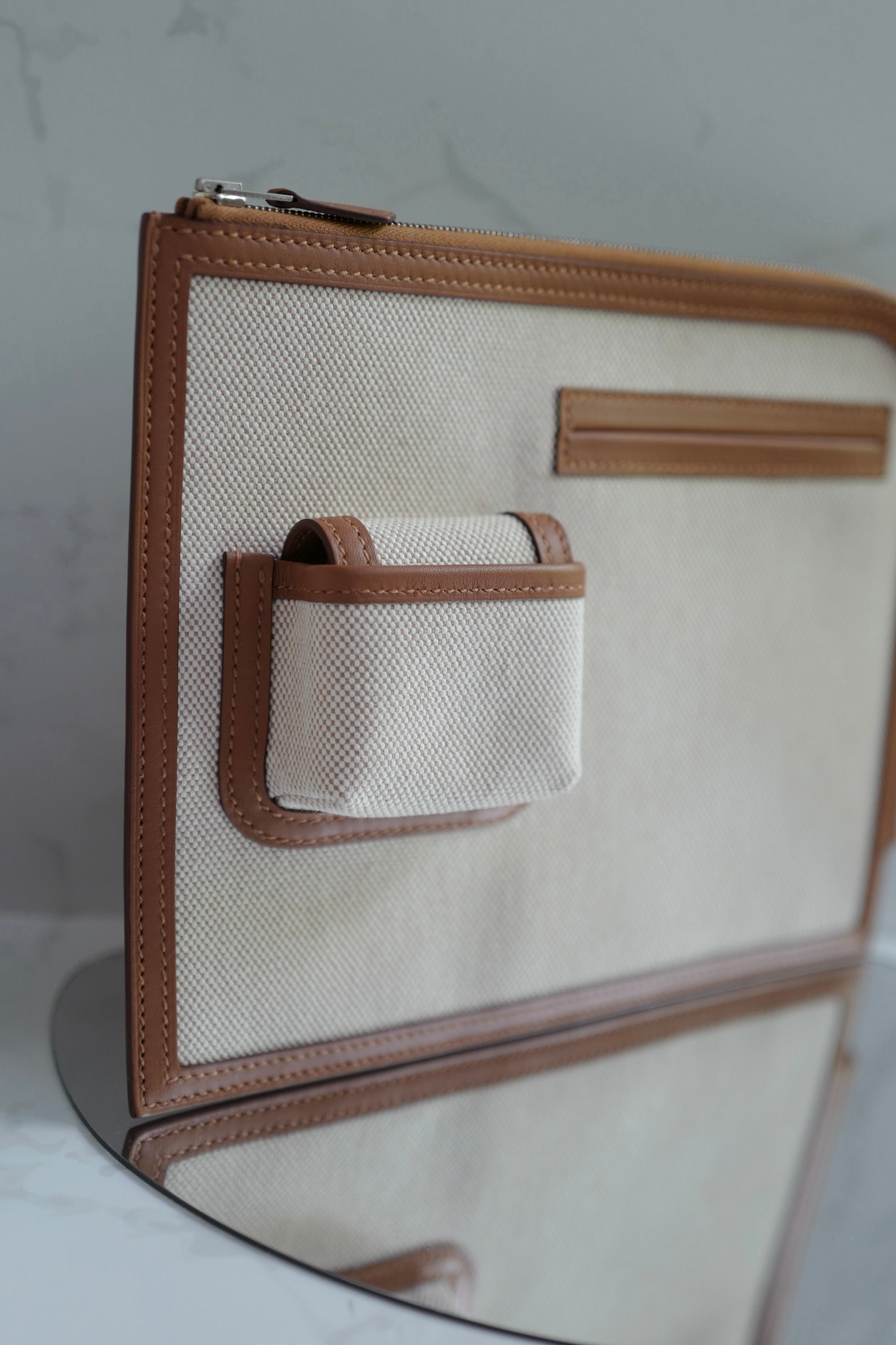BNIB Hermès H Swift Canvas Cargo Travel Pouch in Ecru-Gold with Palladium HW