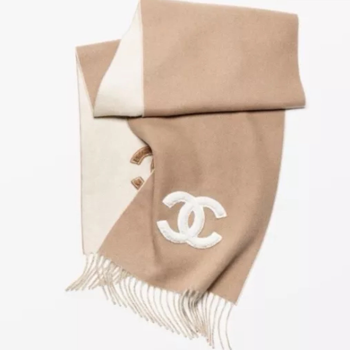 Chanel Cashmere Scarf NEW Chanel 24K Coco Neige Cashmere Shearling Lambskin Shawl In Beige
