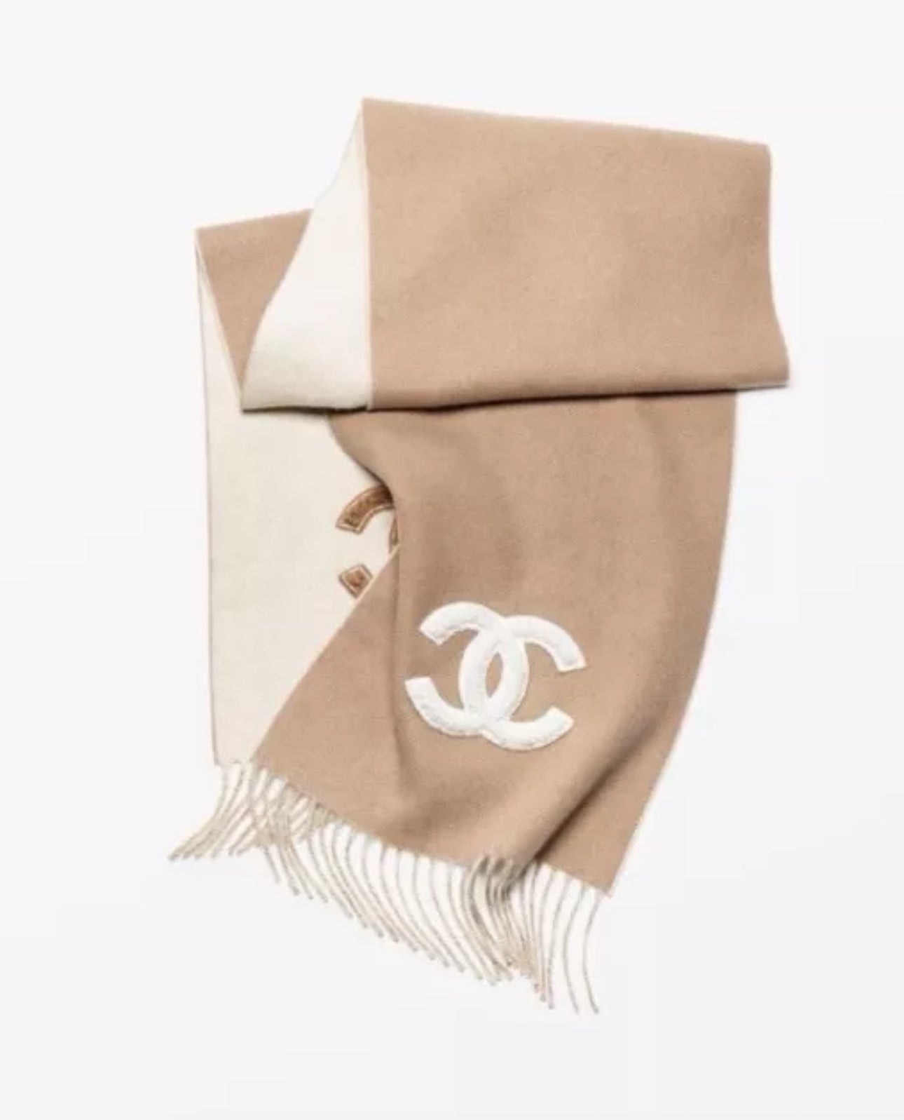 NEW Chanel 24K Coco Neige Cashmere & Shearling Lambskin Shawl in Beige & Ecru