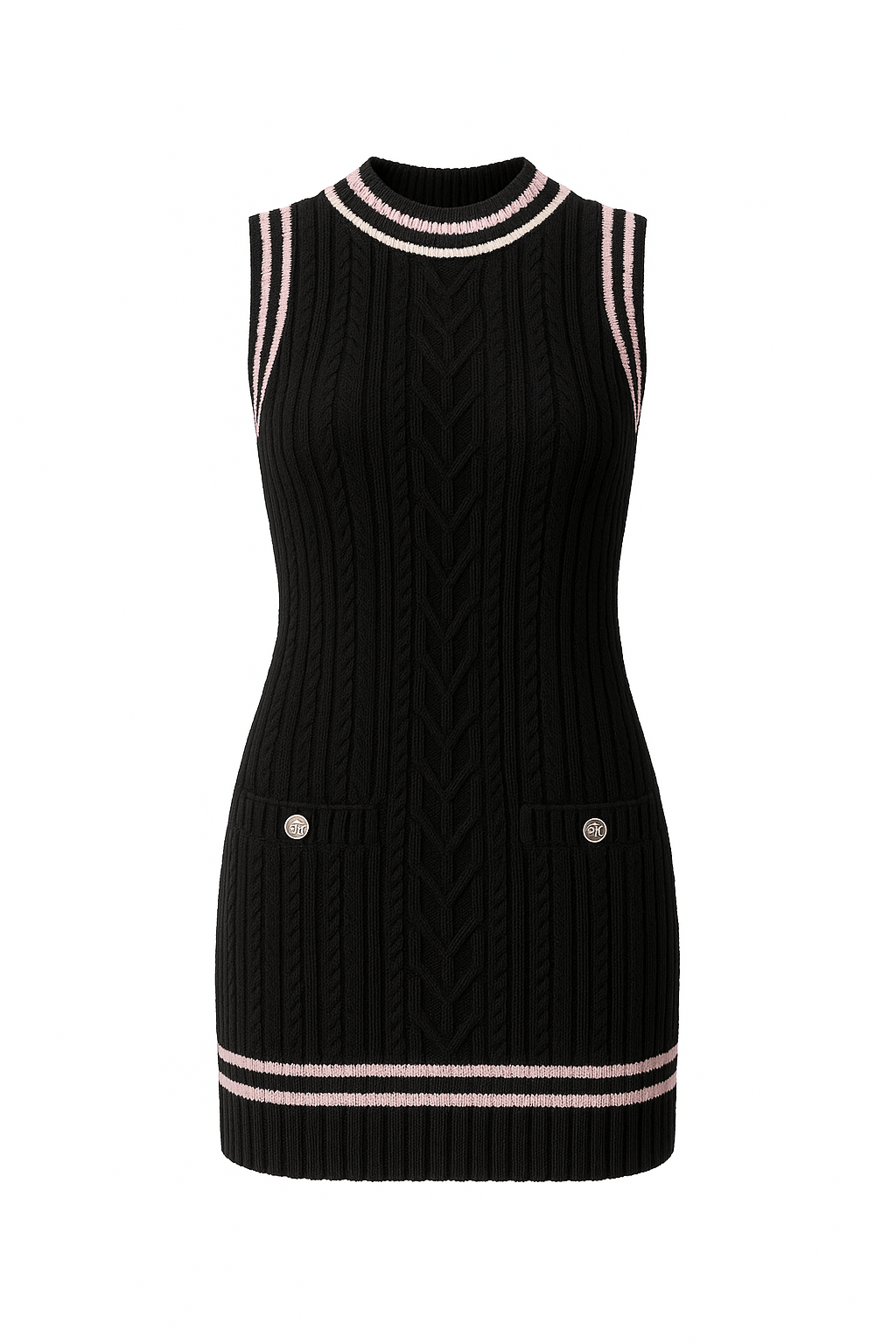 Chanel 23P RTW Tennis Knit Dress in Black, Pink and Ecru Strip Details 36