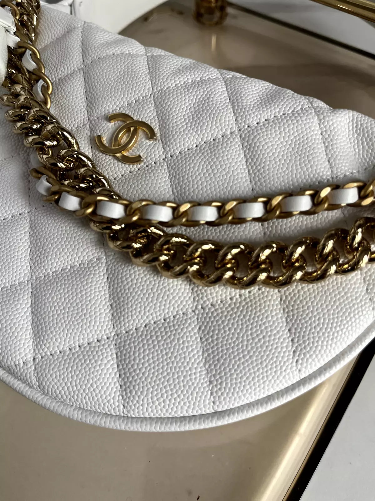 Chanel 24S White Calfskin Pouch on Gold Chain