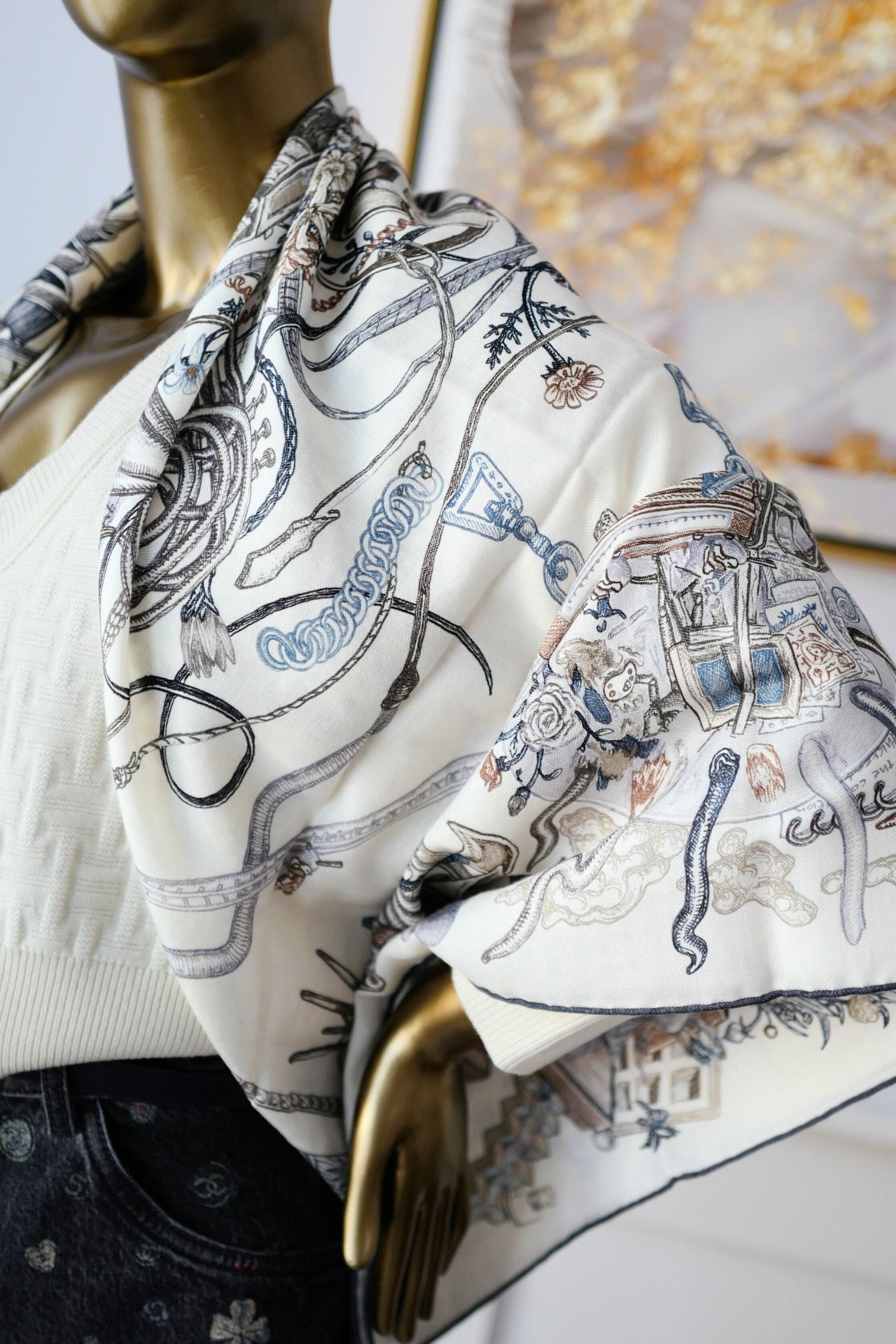 Hermès Le Monde d'Hermès Shawl 140 Cashmere Silk Scarf Blanc Ardoise Etoupe