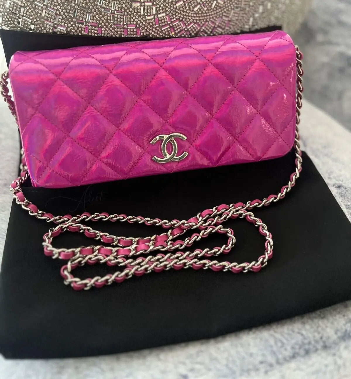 NEW Chanel Wallet on Chain Iridescent Mirror Goatskin Silver Fuchsia Cruise 24C