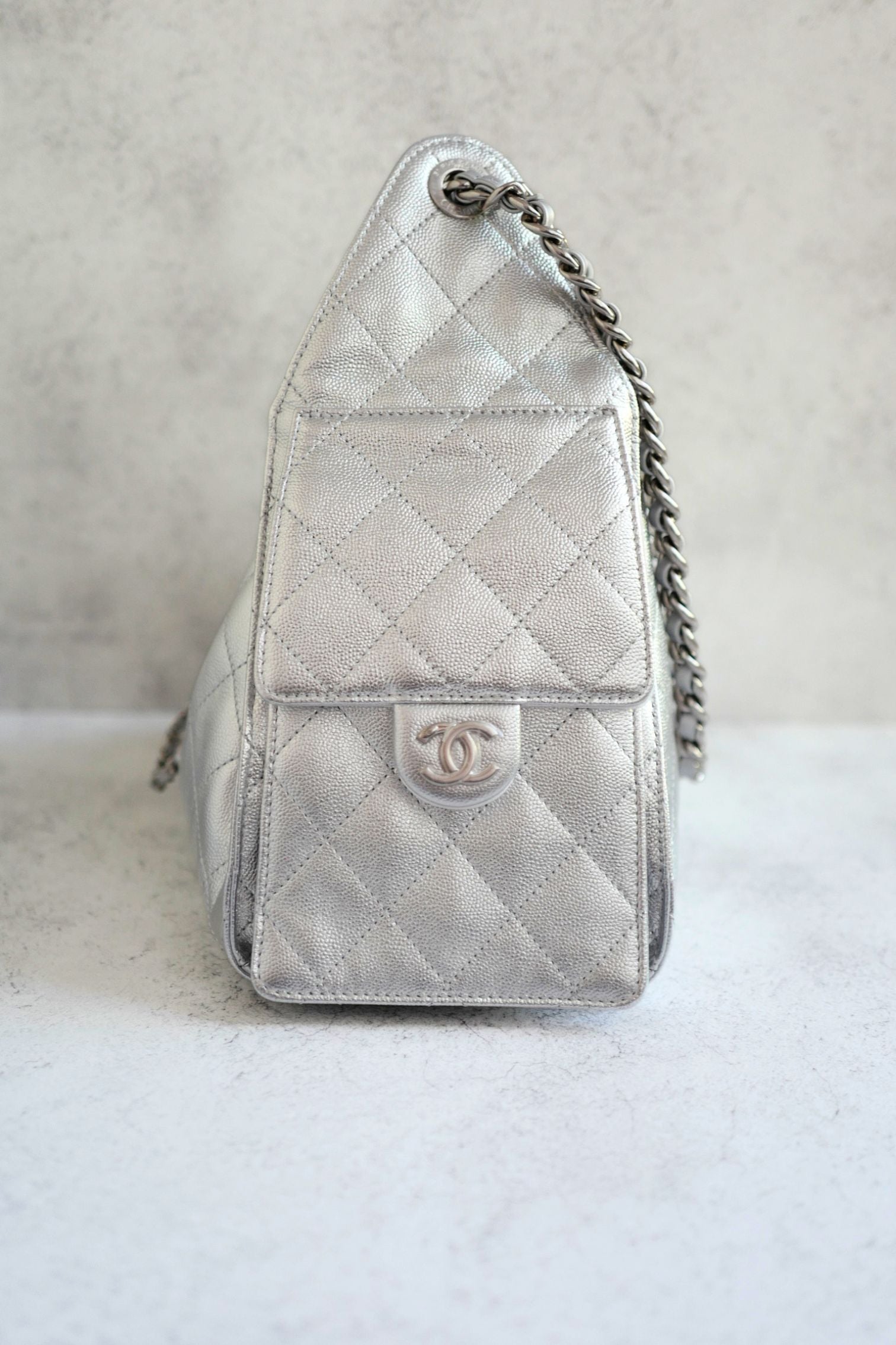 Chanel 26C Small Hobo Silver Metallic Grained Calfskin Silver Hardware