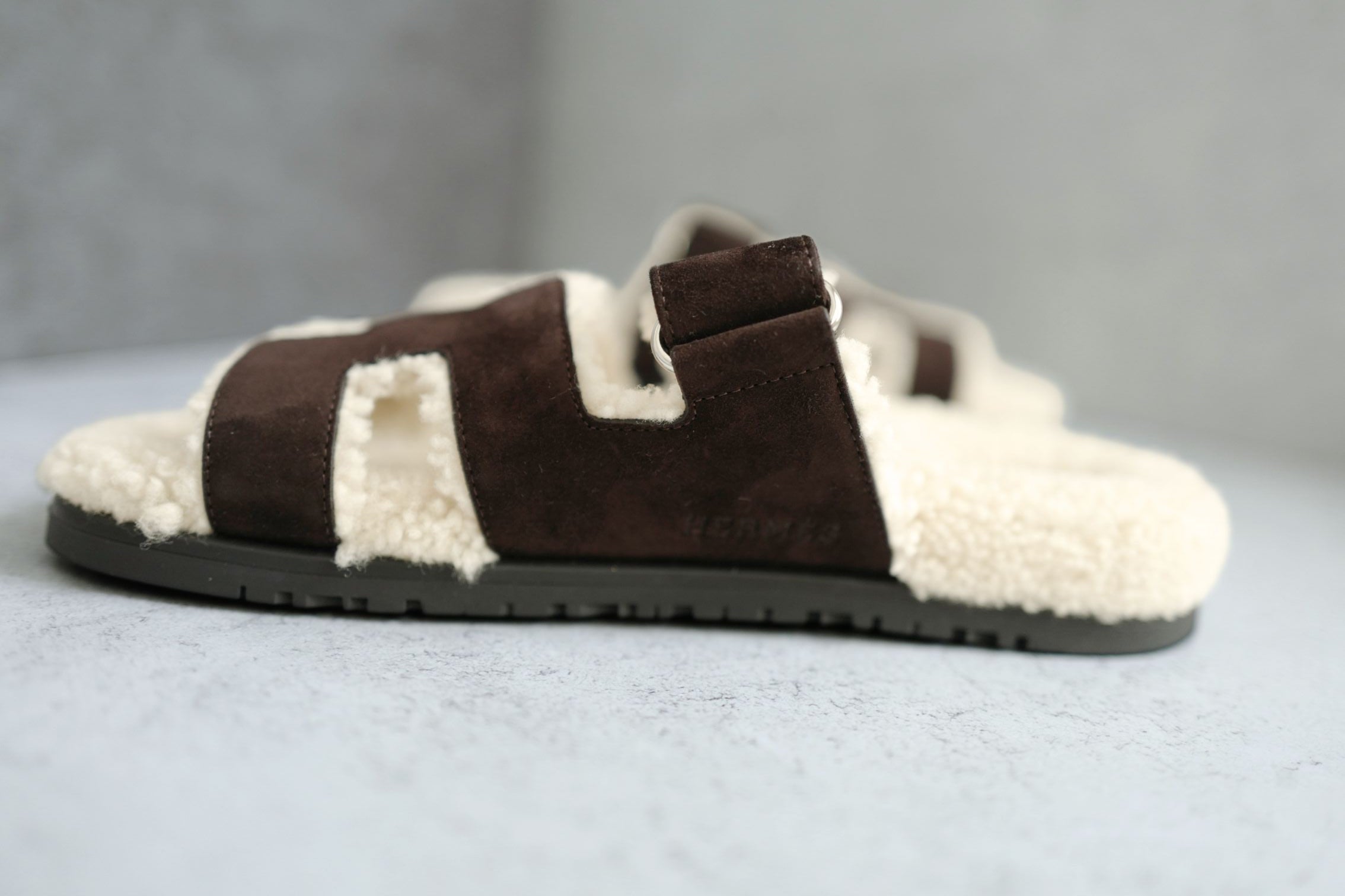 BNIB HERMÈS Chypre Sandals Goat Skin Suede Marron Ébène/Écru Size 38