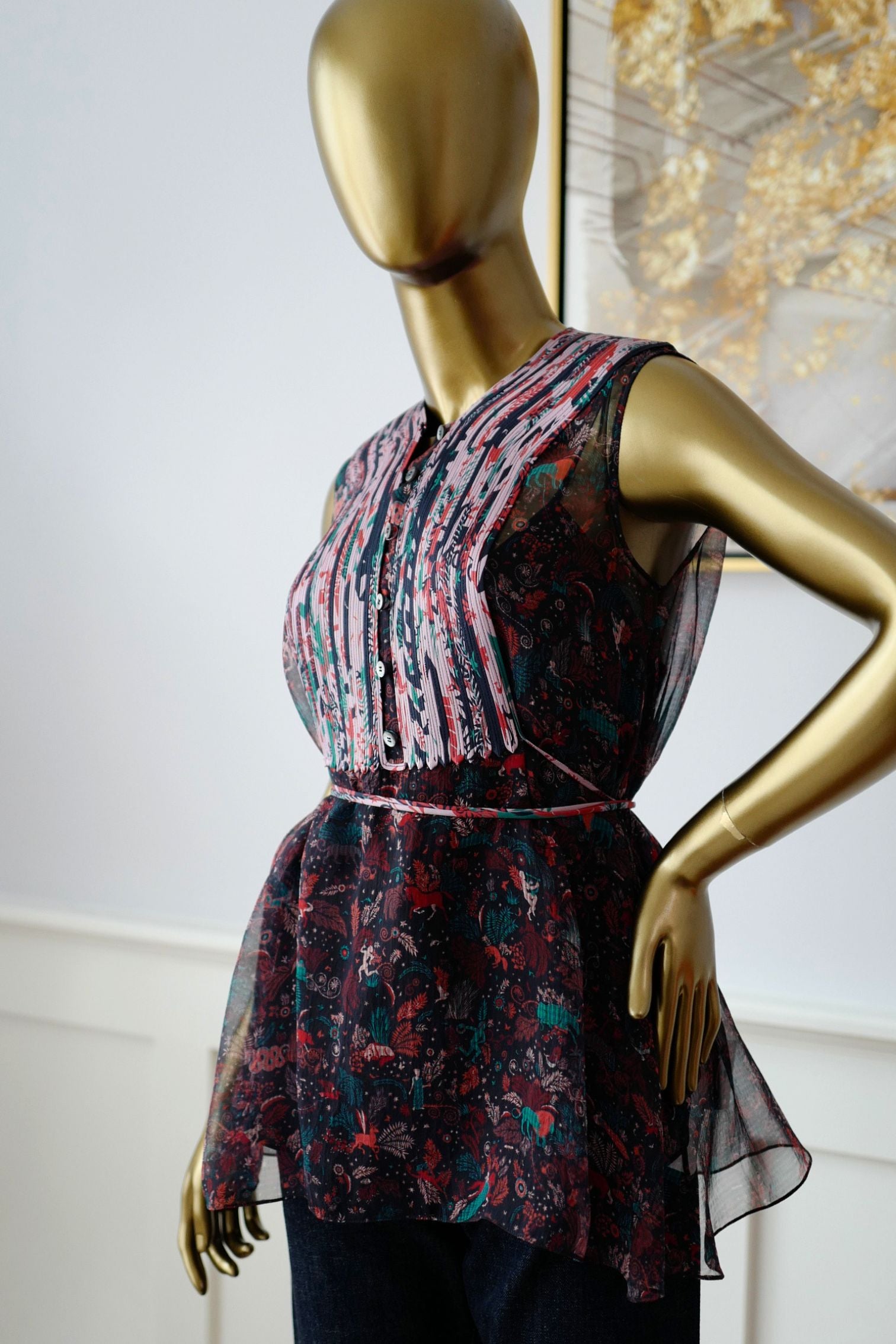 Hermes Silk Blouse Ennobli A Plastron Ox Bleu Marin Sleeveless 36 NEW Two Pcs