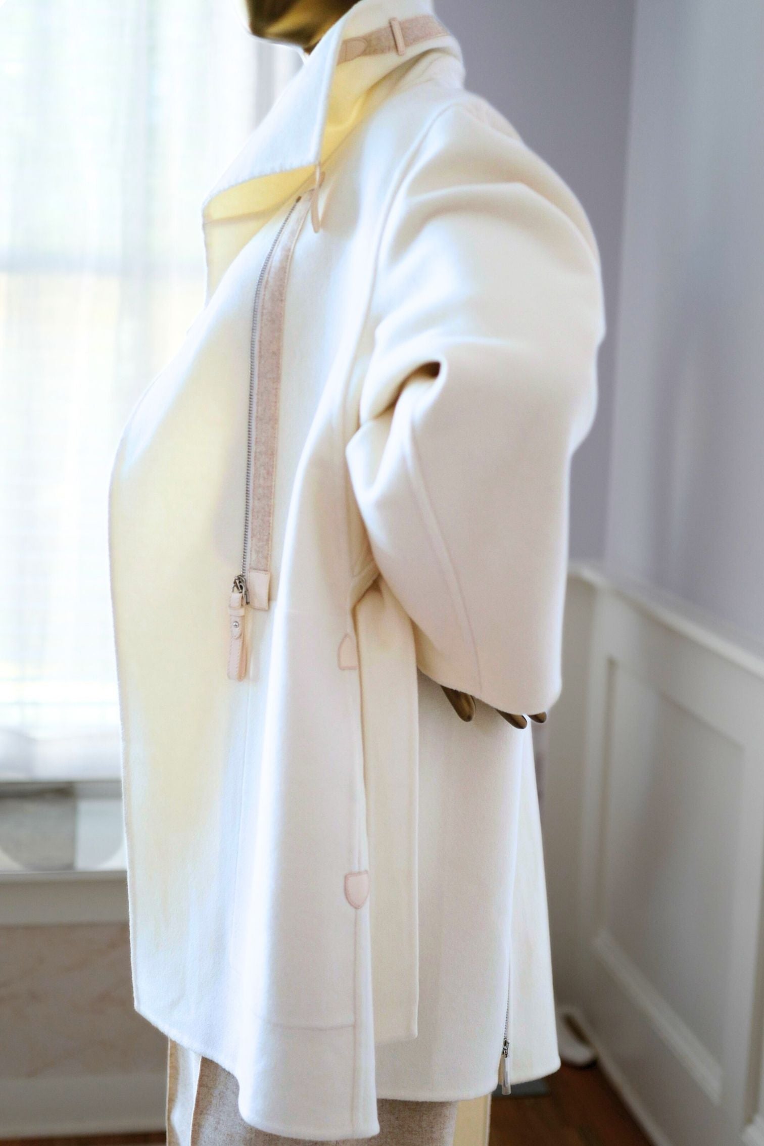 Hermès Double-Face Cashmere Coat with Felt & Leather Details in Natural White Size 34