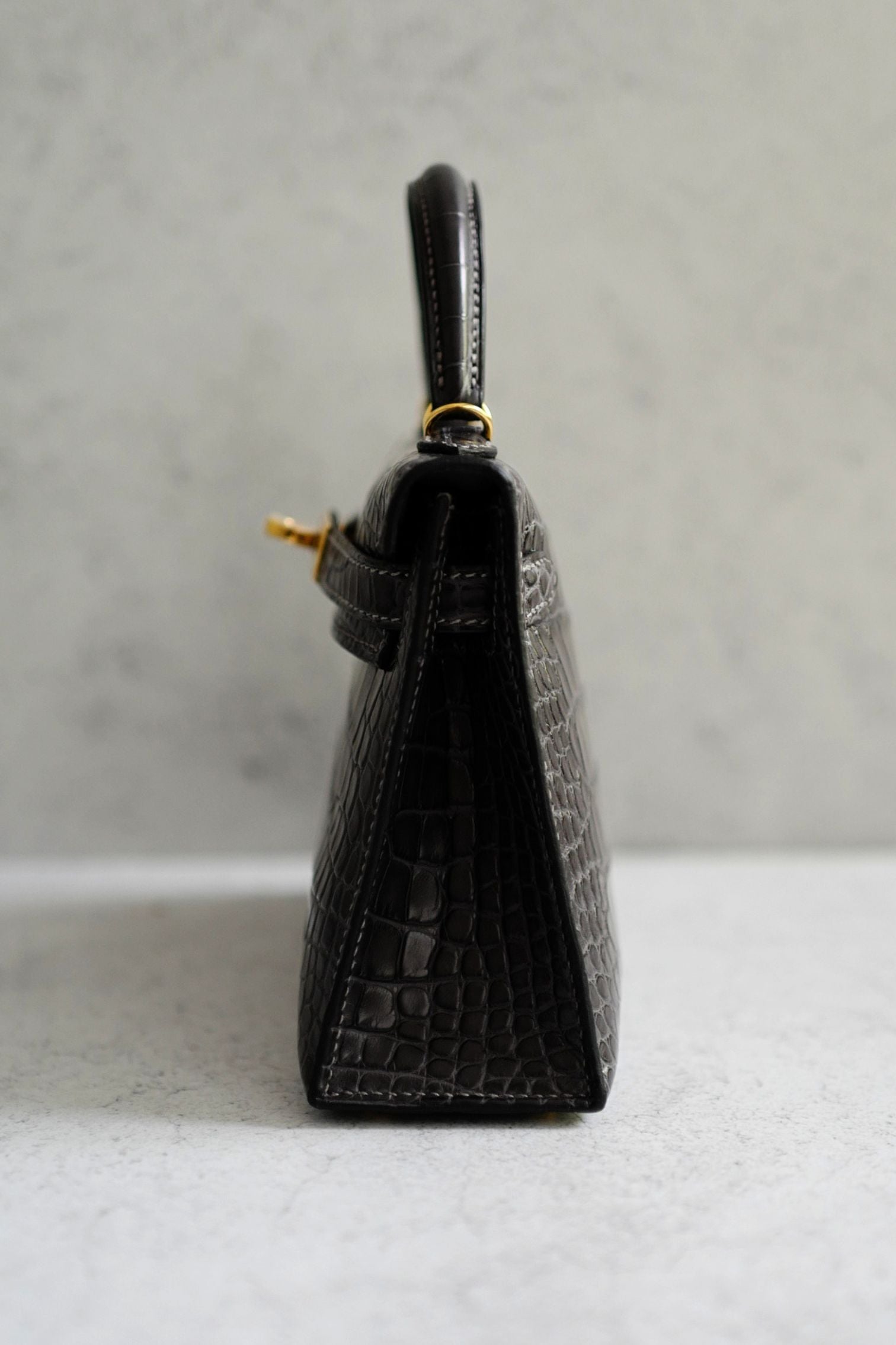 Hermès Mini Kelly Graphite Sellier Alligator Mississippiens K Stamp GHW