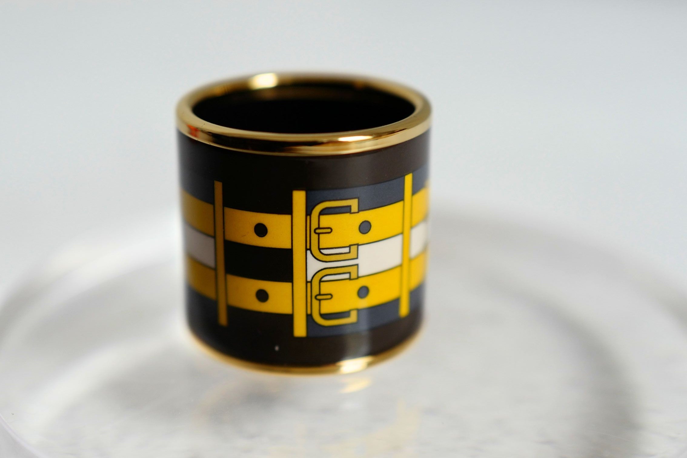 Hermès Rocabar Enamel Scarf Ring Black/Yellow/Blue Striped