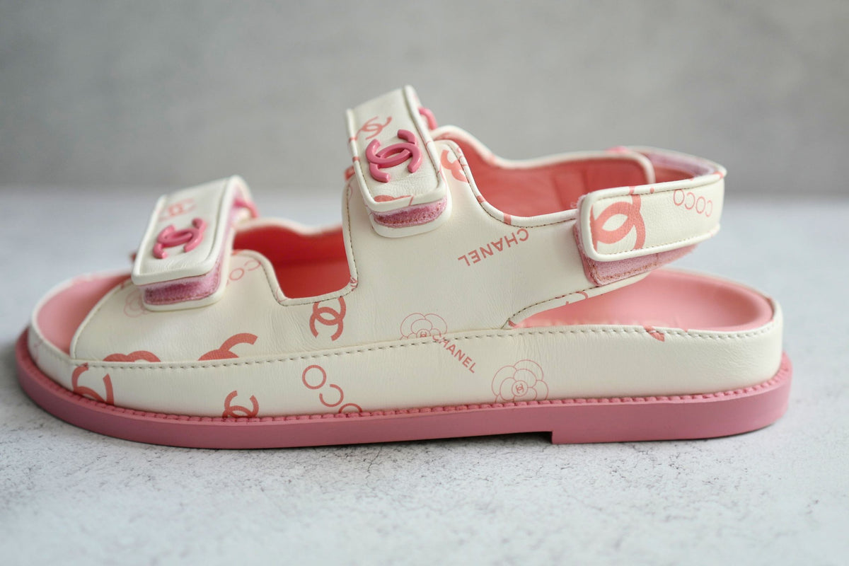 BNIB Chanel Dad Sandal 23A Monogram CC Logo In White/Pink Pink CC Logo Socks