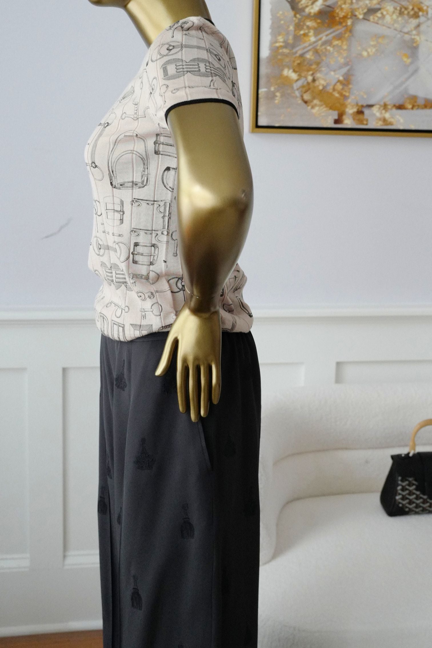 Hermès Short Sleeve Sweater "Cahier du Colporteur" Beige Cashmere Silk Size 36