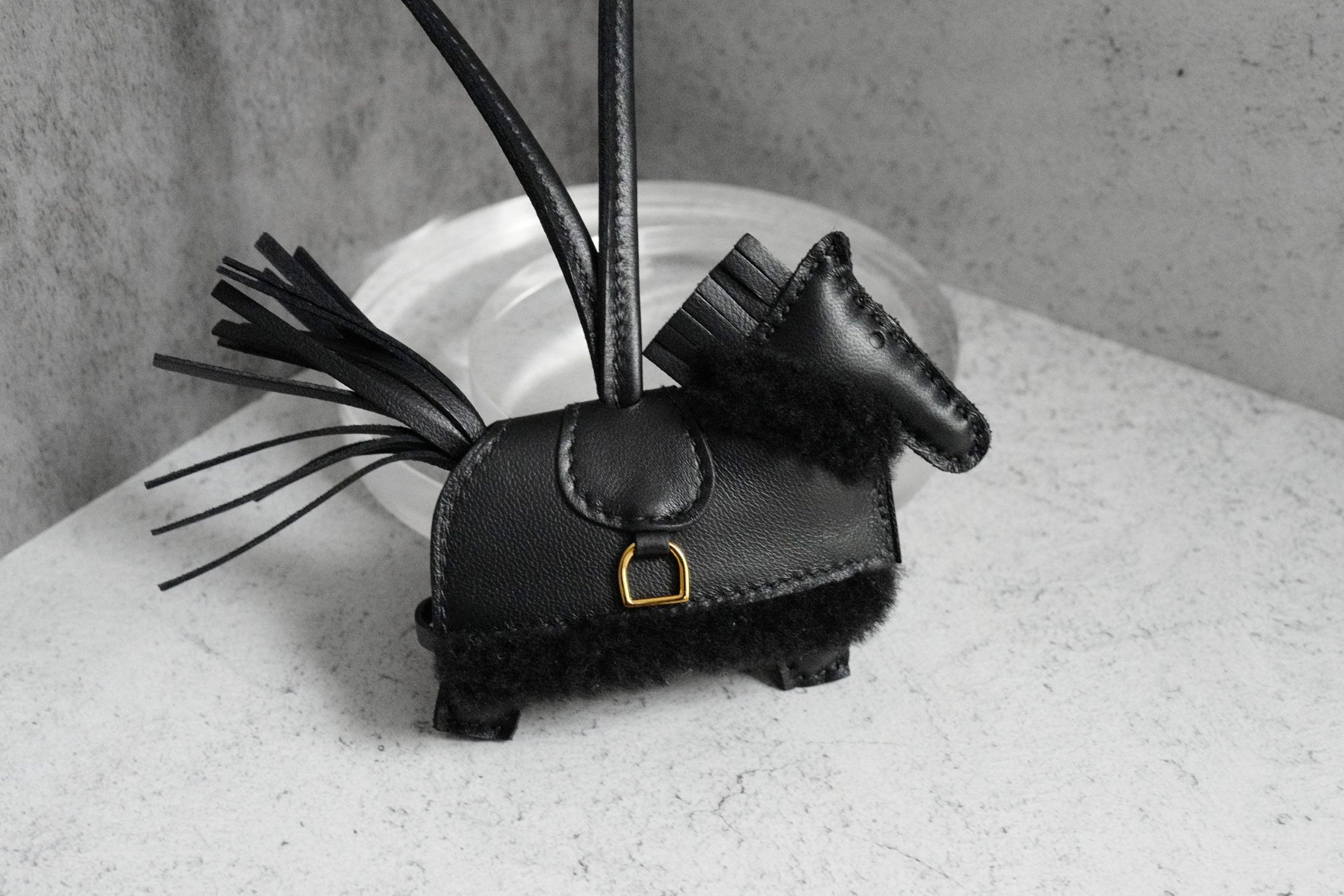Hermès Horse Charm Rodeo Robeo Plush PM Noir Lambskin Wool Yellow Gold Plated