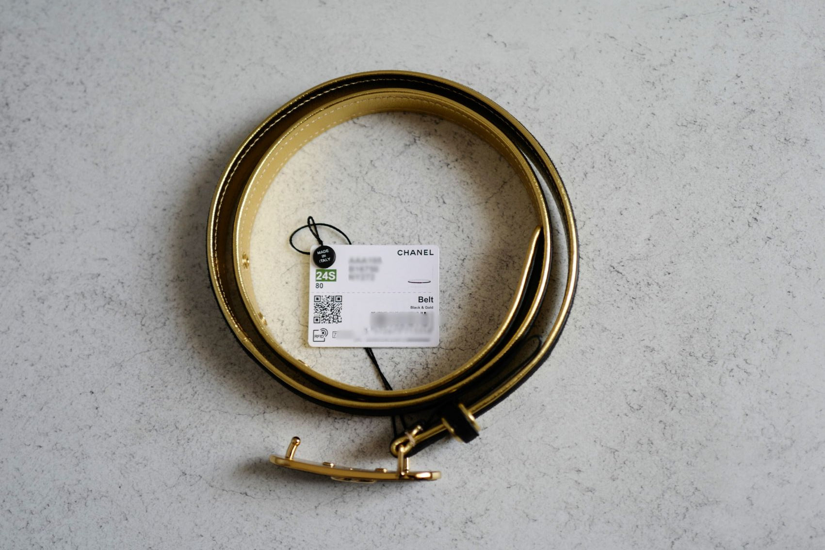 Chanel 24S Womens Leather Belt in Goatskin, Lambskin & Metal Black & Gold 80