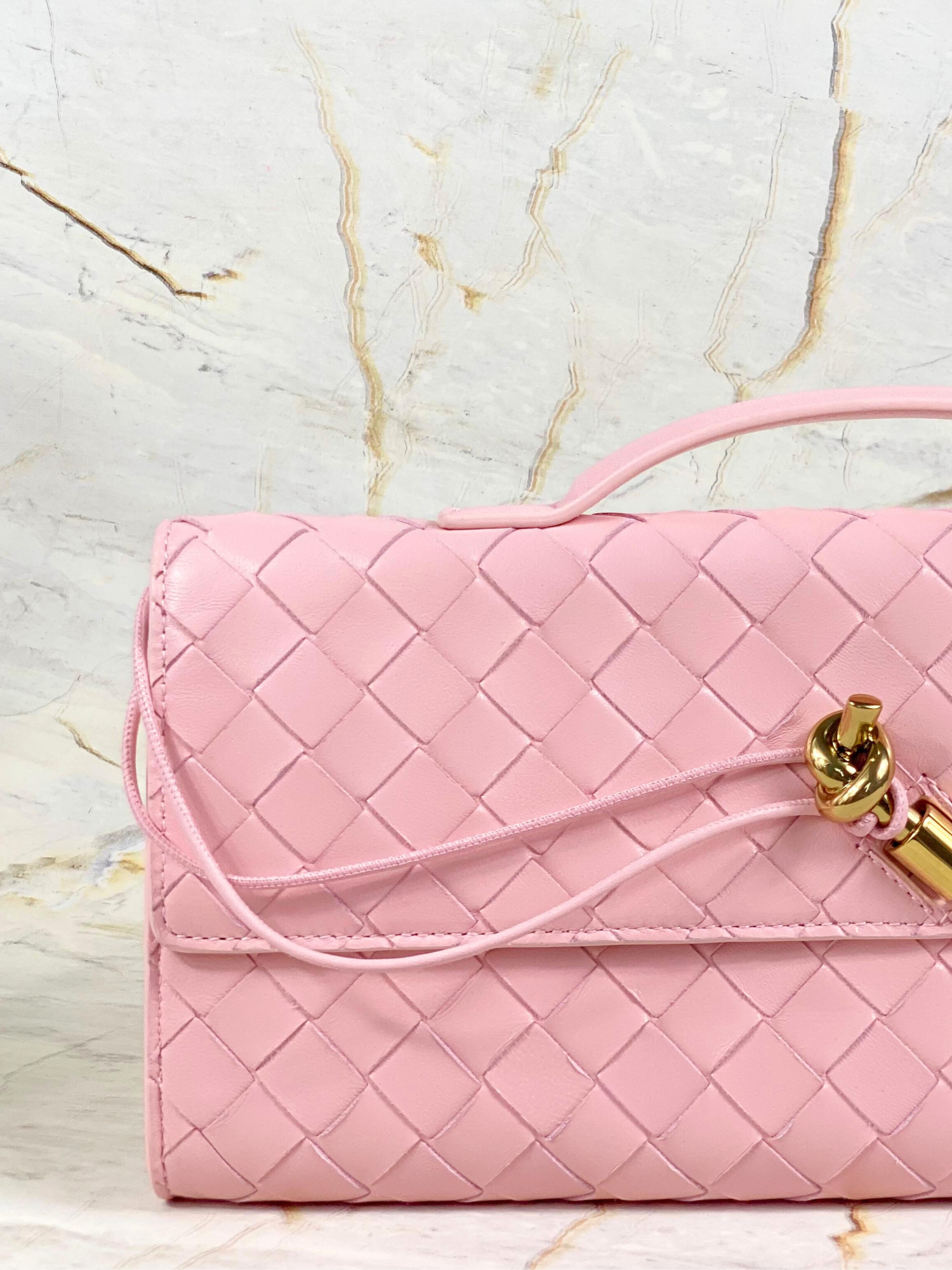 New Bottega Veneta Andiamo Clutch with Handle in Rose