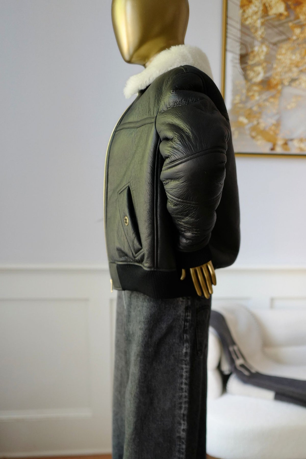 Chanel 26B Blouson Jacket Black White Shearling Lambskin Size 36