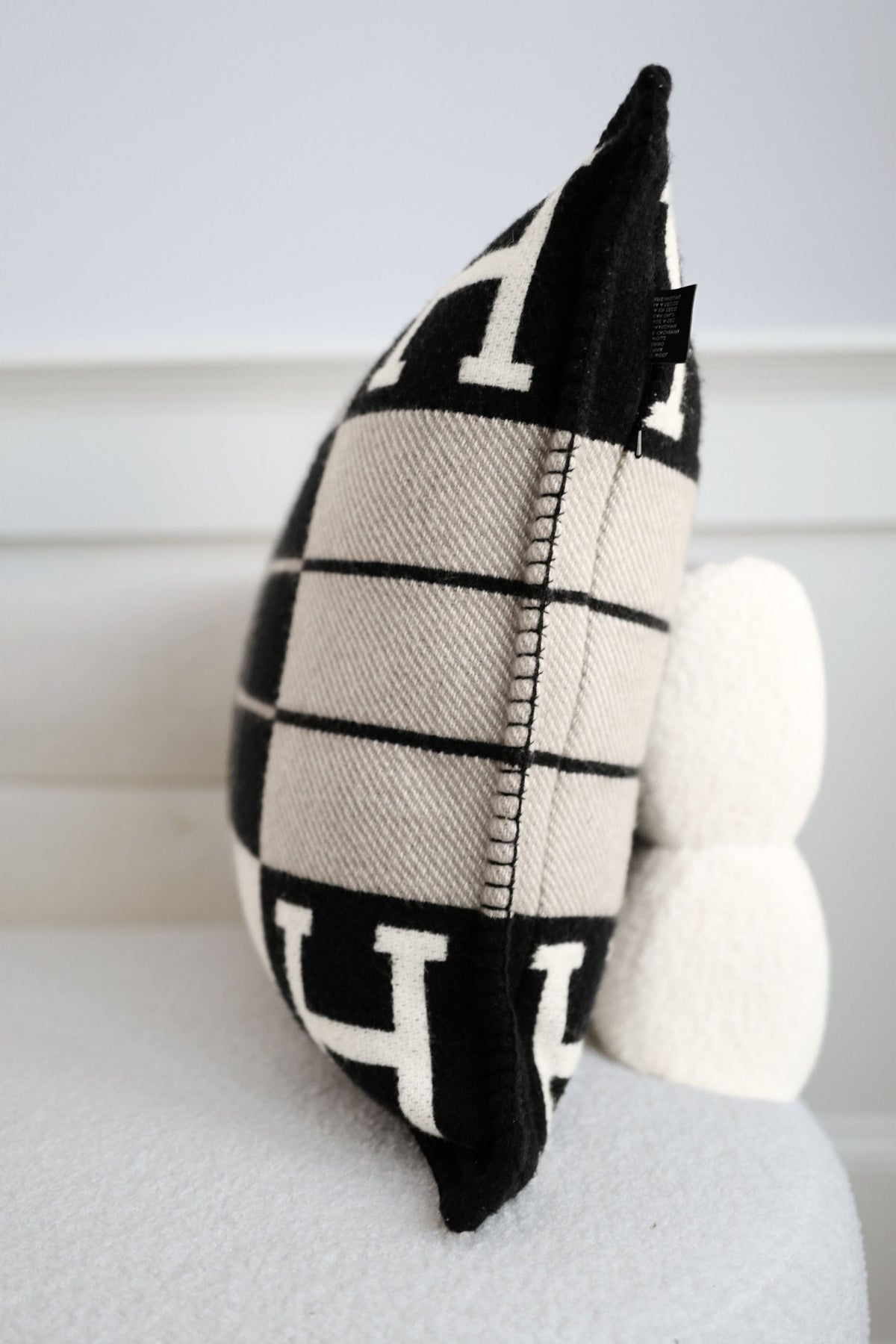 New Hermes Avalon III Jacquard Cushion Petit Modele Wool Cashmere Ecru Noir