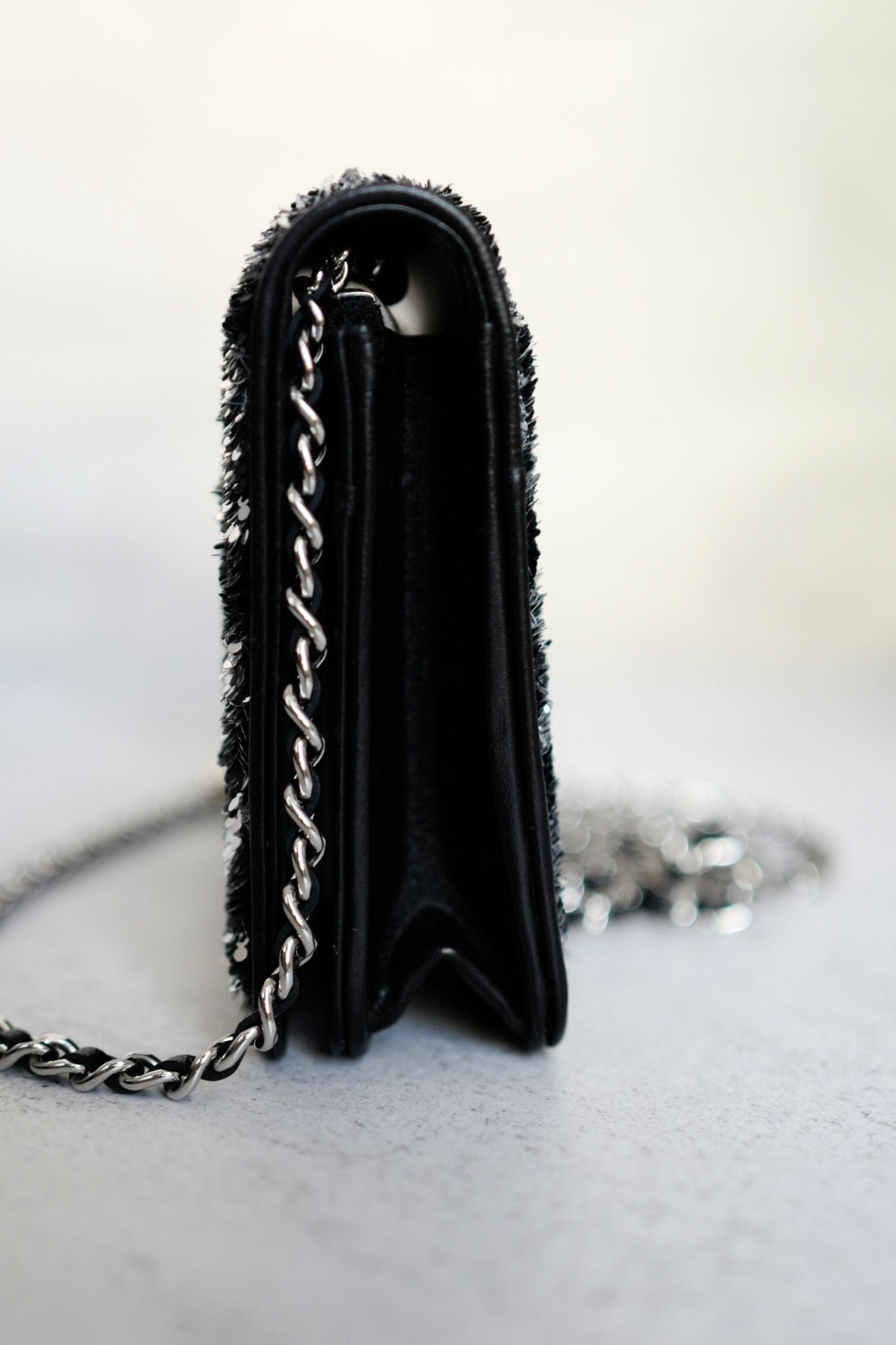 New 23K Chanel Classic Reversible Sequin CC Wallet On Chain Handbag