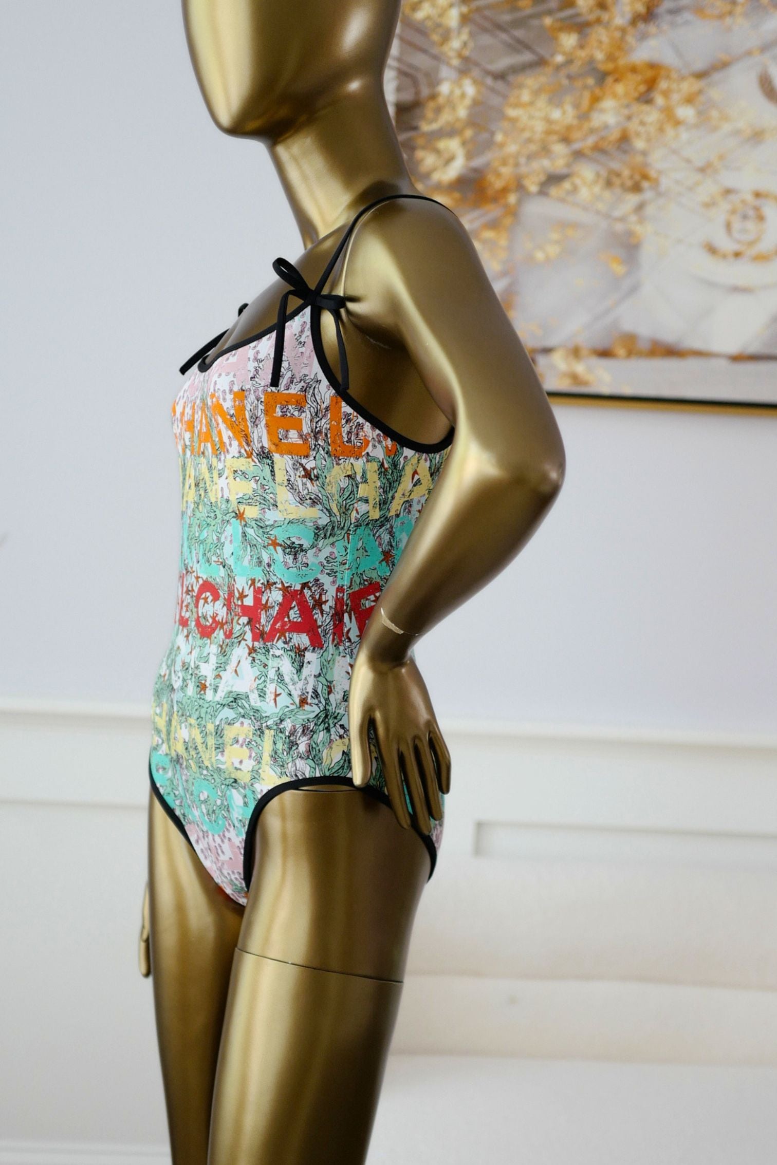 Chanel 26M Coco Beach Swimsuit Multicolor Stretch Jersey Size 38