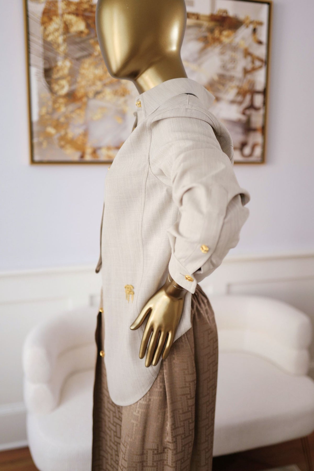 NEW Chanel 26K Women Shirt Wool Tailored Mushroom Beige Size 36