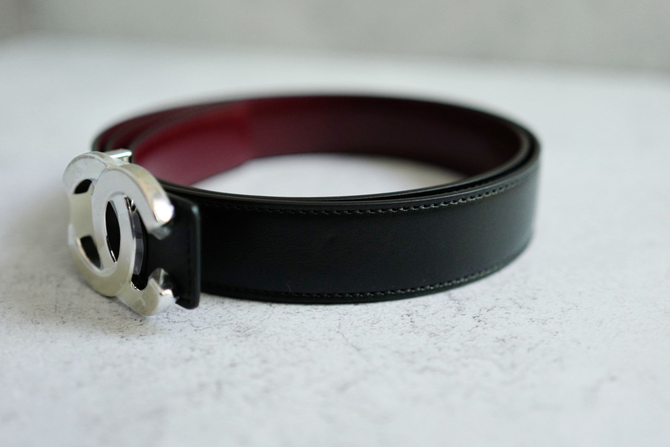 Chanel CC Reversible Belt Black Burgundy Silver Calfskin Metal Size 85