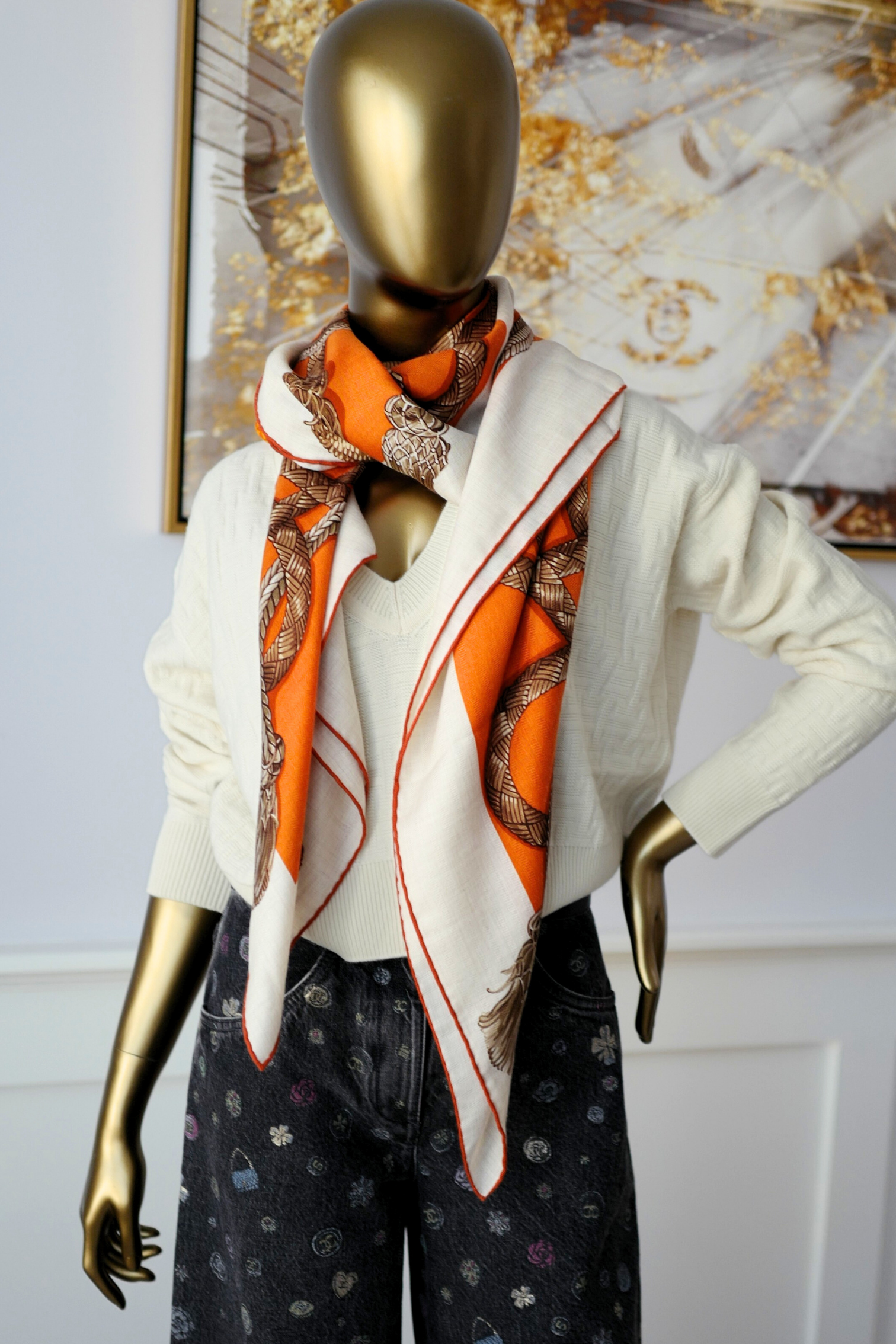 Hermès Palefroi Shawl 140 Cashmere Silk – Naturel / Orange Cuit / Cannelle
