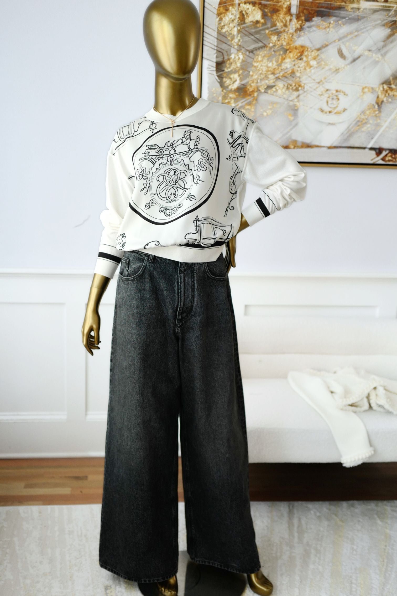 Hermès "Ex-Libris A Main Levee" Twillaine Sweater Blanc Nacre Silk Size 36