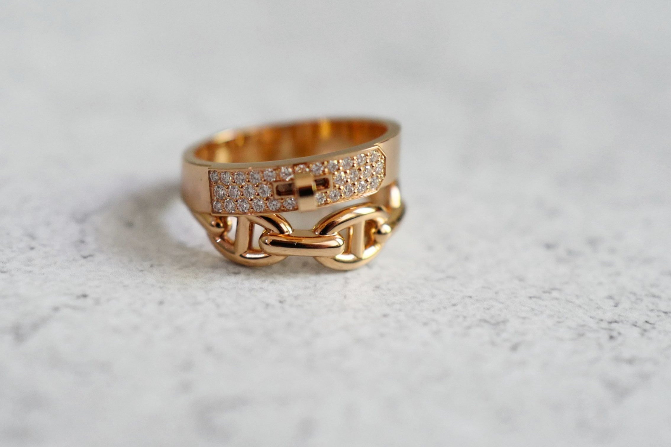 Hermès Kelly Alchimie Double Tour Ring 18K Rose Gold 32 Diamonds Size 53