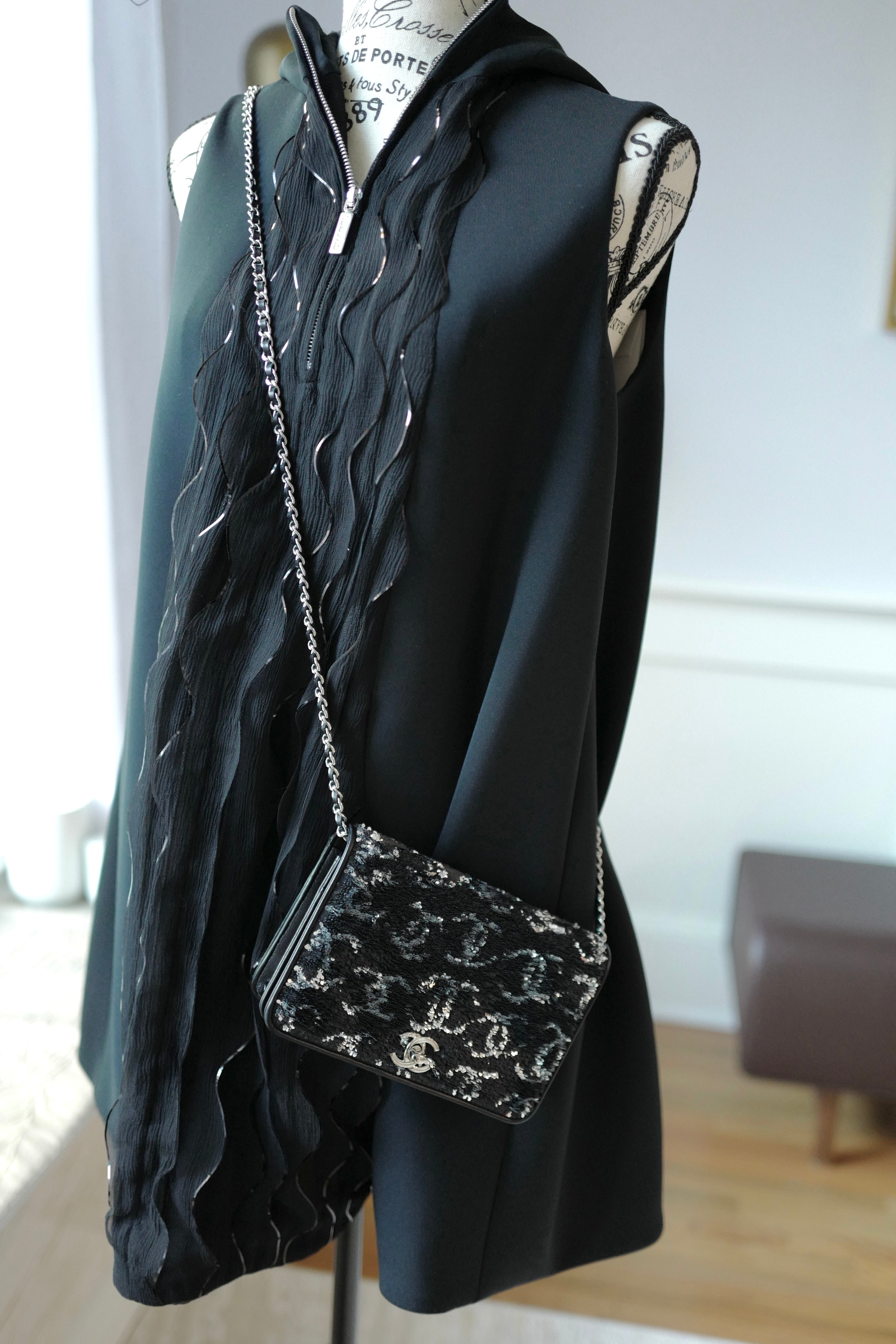 NEW Chanel 25S Dress in Black Shimmery Pleated with Hoodie size 36