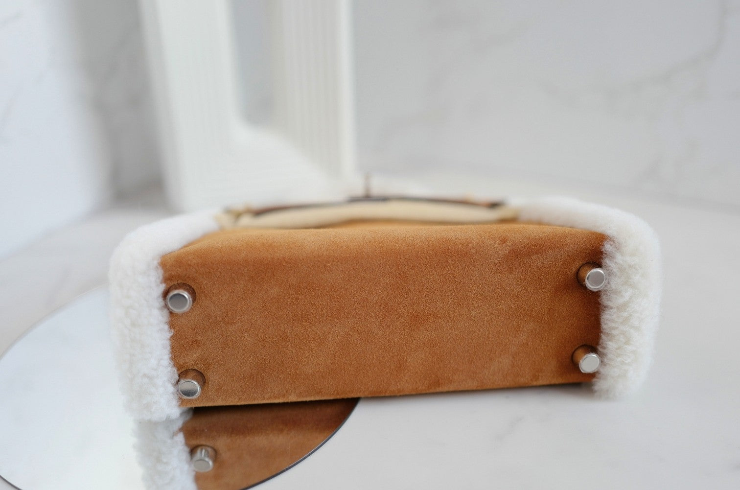 BNIB Hermès Mini Kelly Teddy Gold/Ecru/Alezan Shearling Suede Palladium Hardware