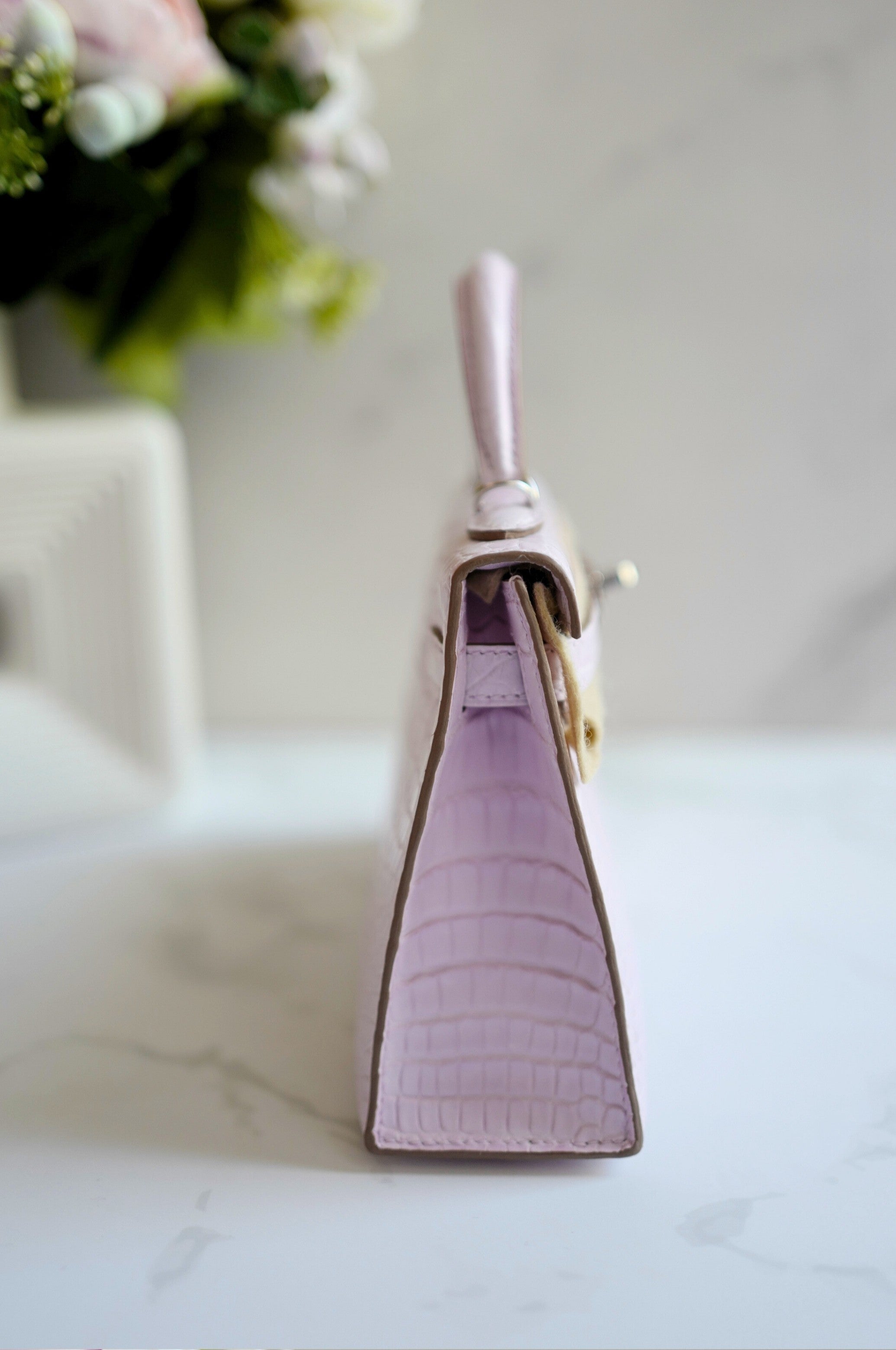 BNIB Hermès Mini Kelly 20 Mauve Pale Matte Alligator Palladium Hardware K Stamp 2025