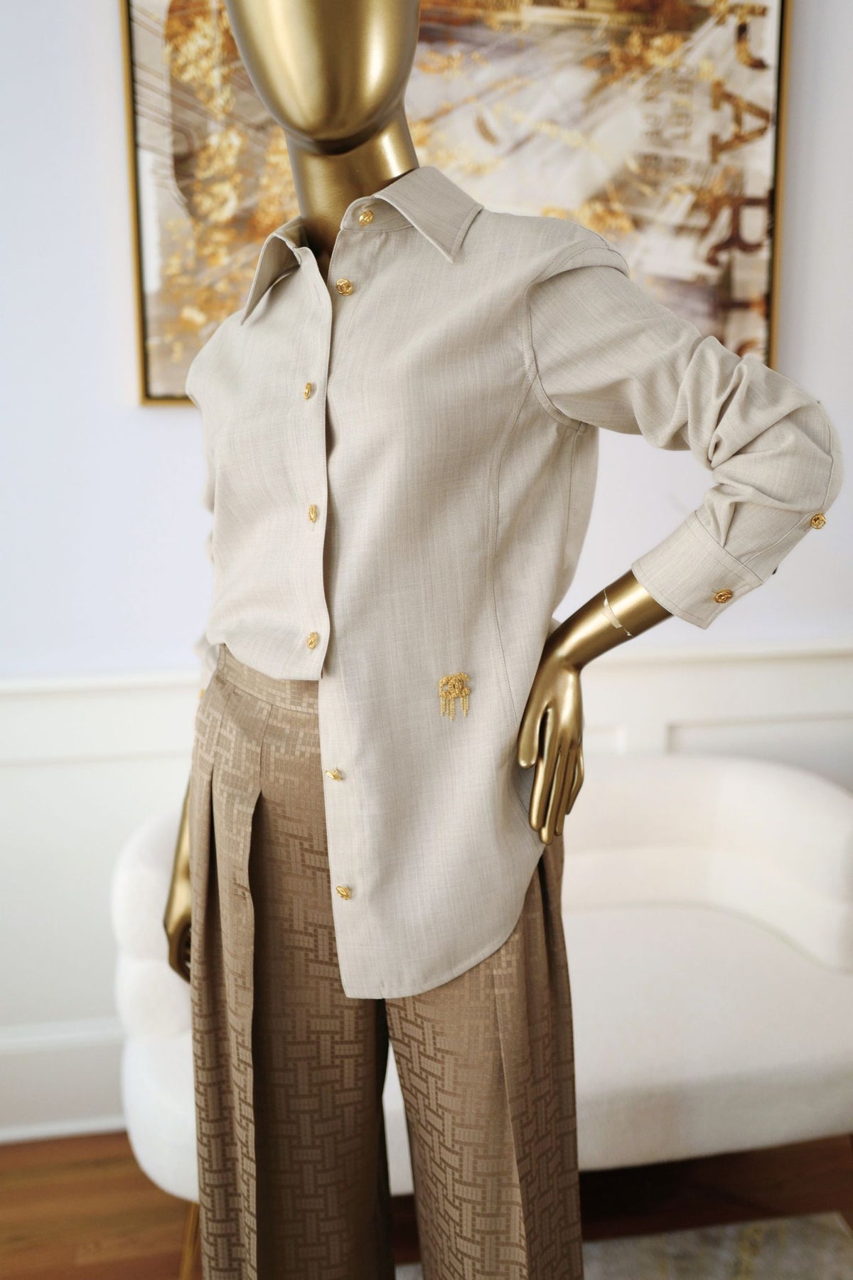 NEW Chanel 26K Women Shirt Wool Tailored Mushroom Beige Size 36