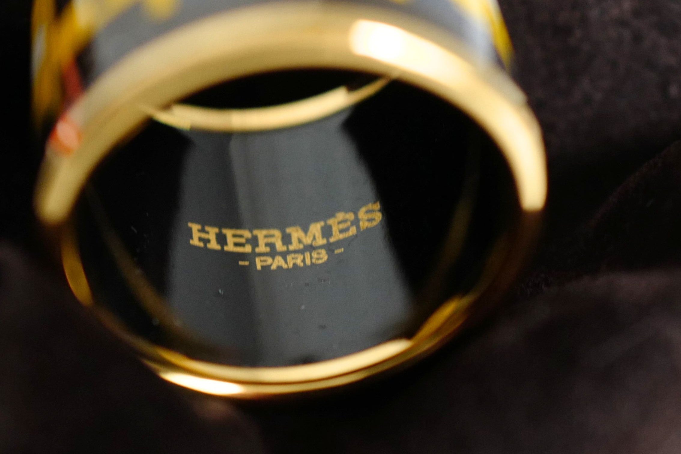 Hermès Rocabar Enamel Scarf Ring Black/Yellow/Blue Striped