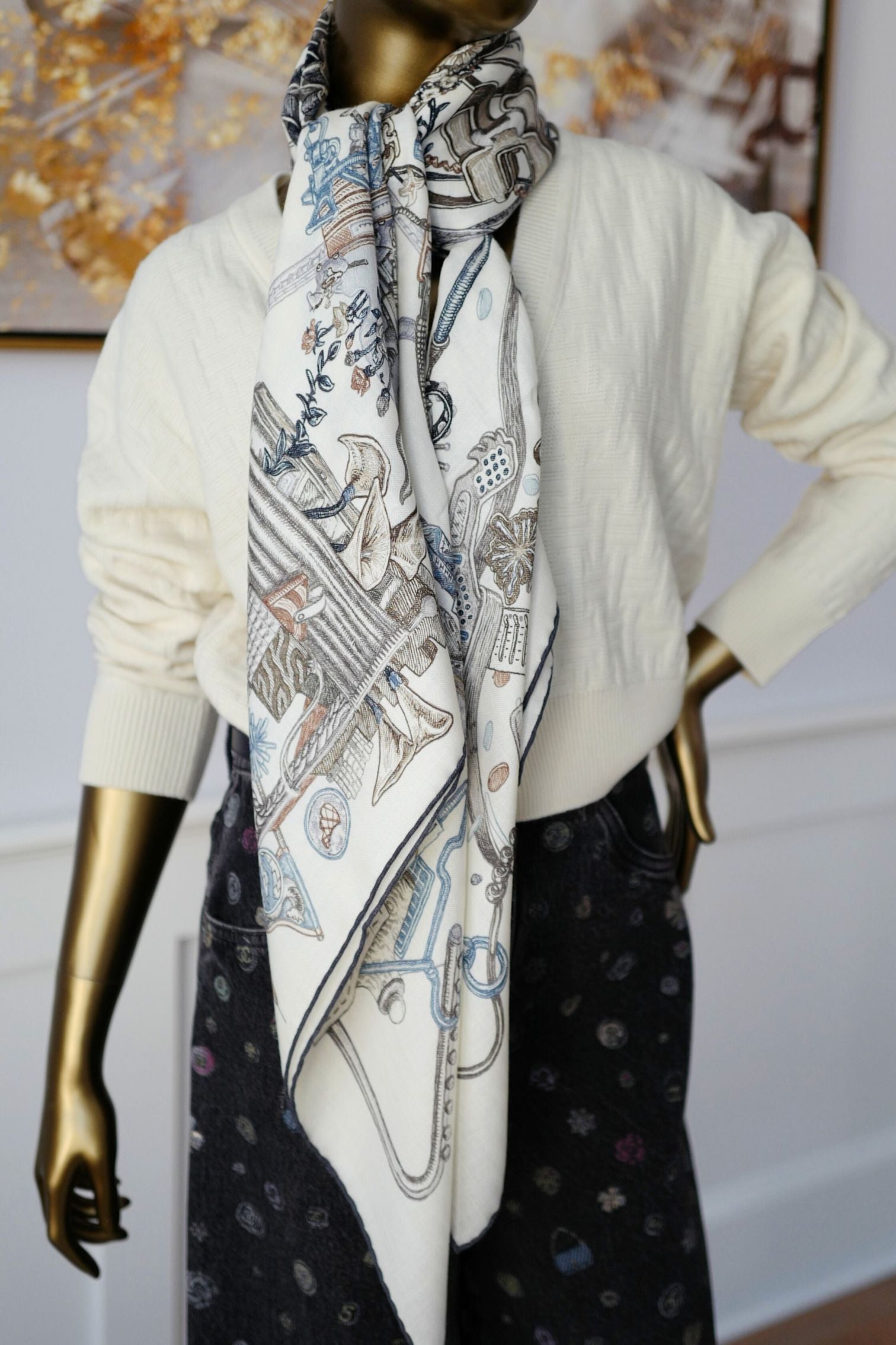 Hermès Le Monde d'Hermès Shawl 140 Cashmere Silk Scarf Blanc Ardoise Etoupe