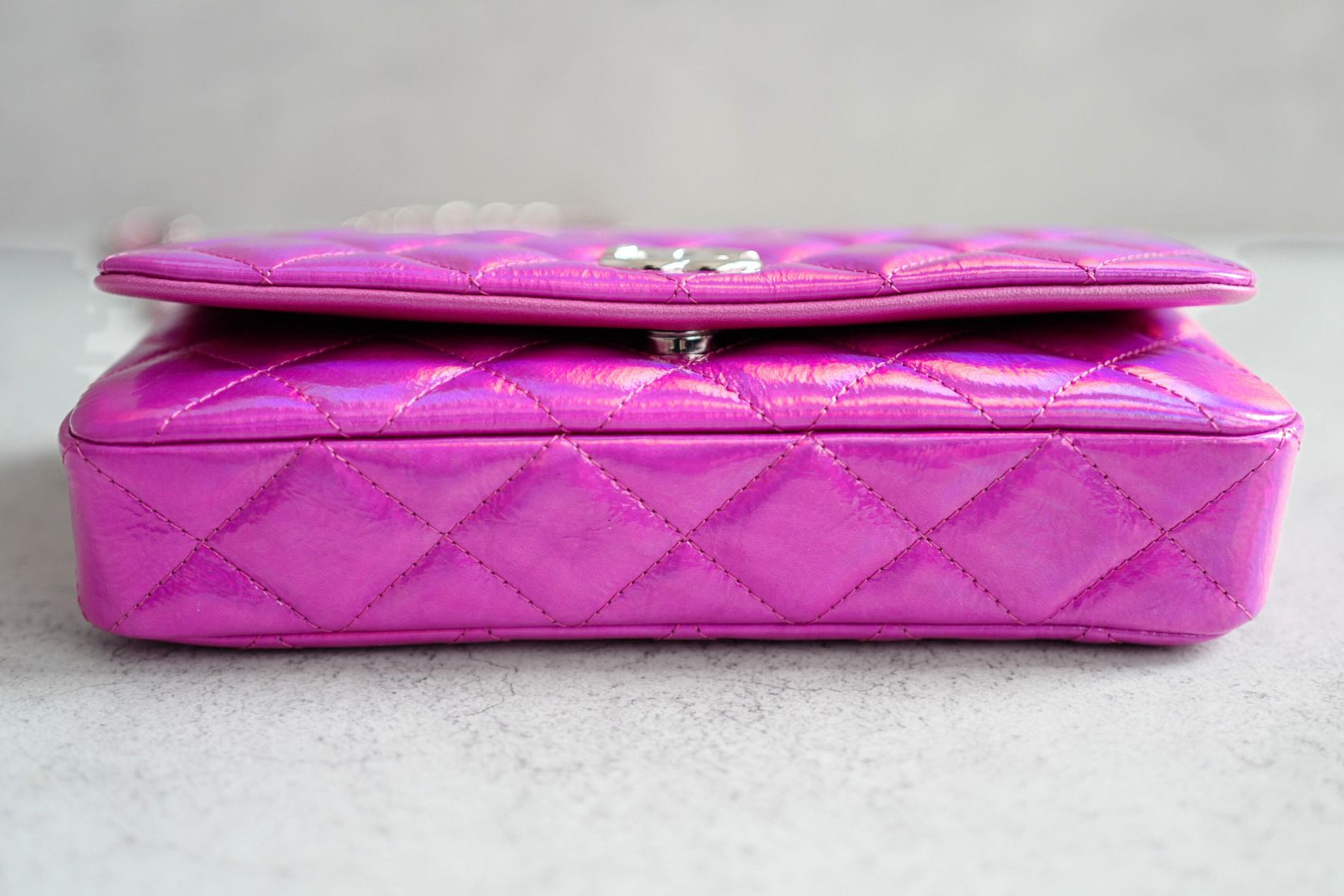 NEW Chanel Wallet on Chain Iridescent Mirror Goatskin Silver Fuchsia Cruise 24C