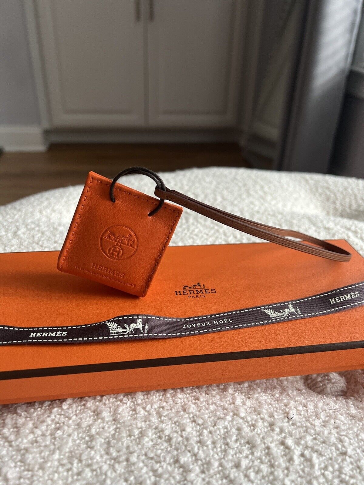 *BNIB* Hermes Orange Shopping Bag Charm Milo Lambskin In Feu/Gold