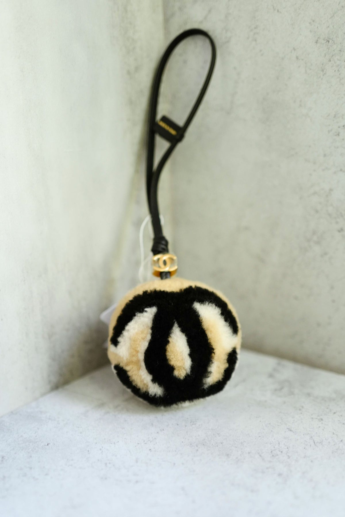 NEW Chanel 26N Coco Neige Mini Ball Bag Charm CC Logo Lambskin Shearling Black Beige