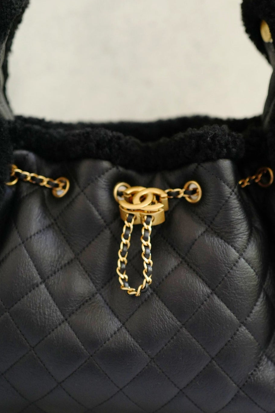 Chanel 25K Small Hobo Bag in Black Shearling and Calfskin Leather Gold Hardware