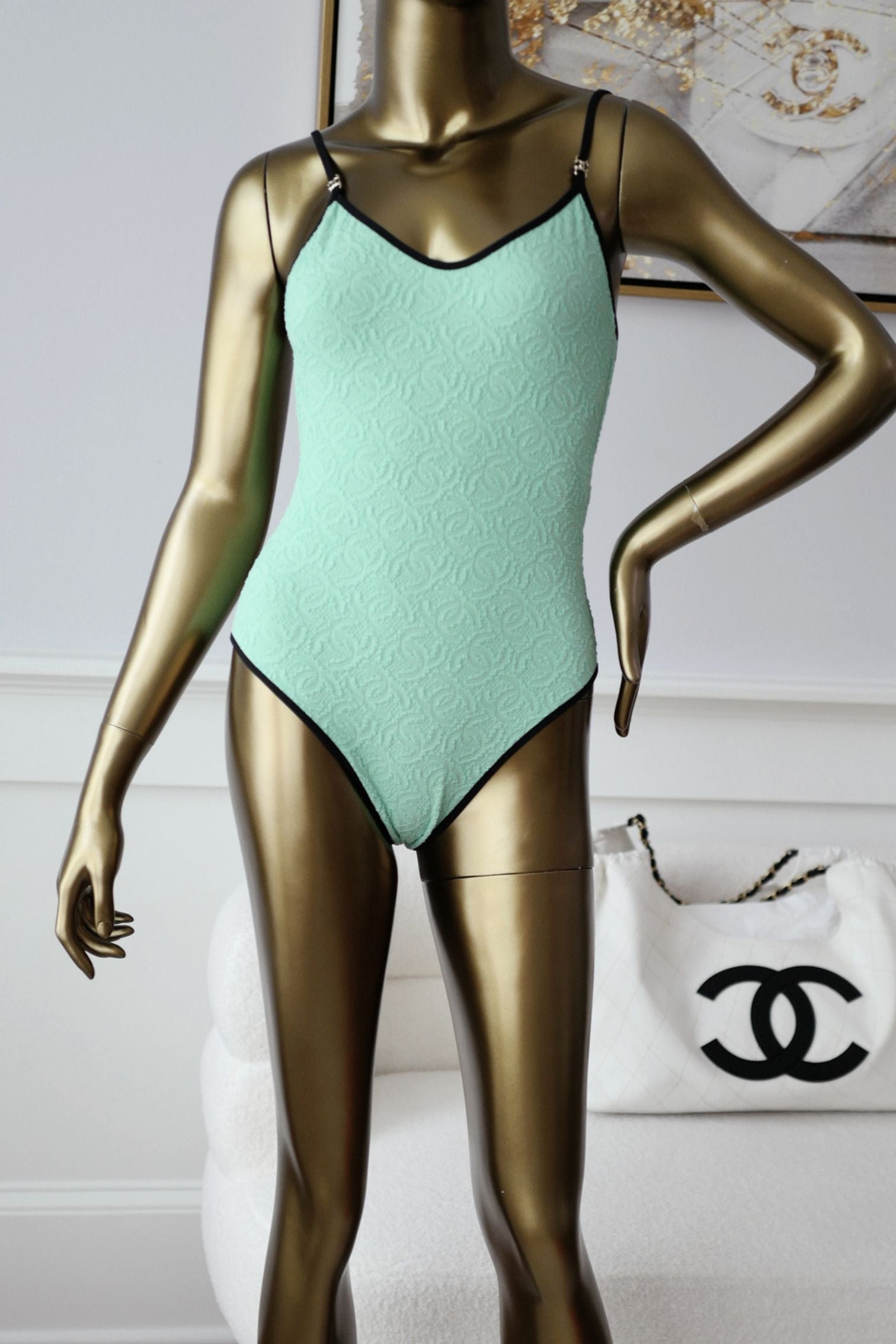 Chanel 26M Coco Beach Swimsuit Vert Stretch Jersey Size 36