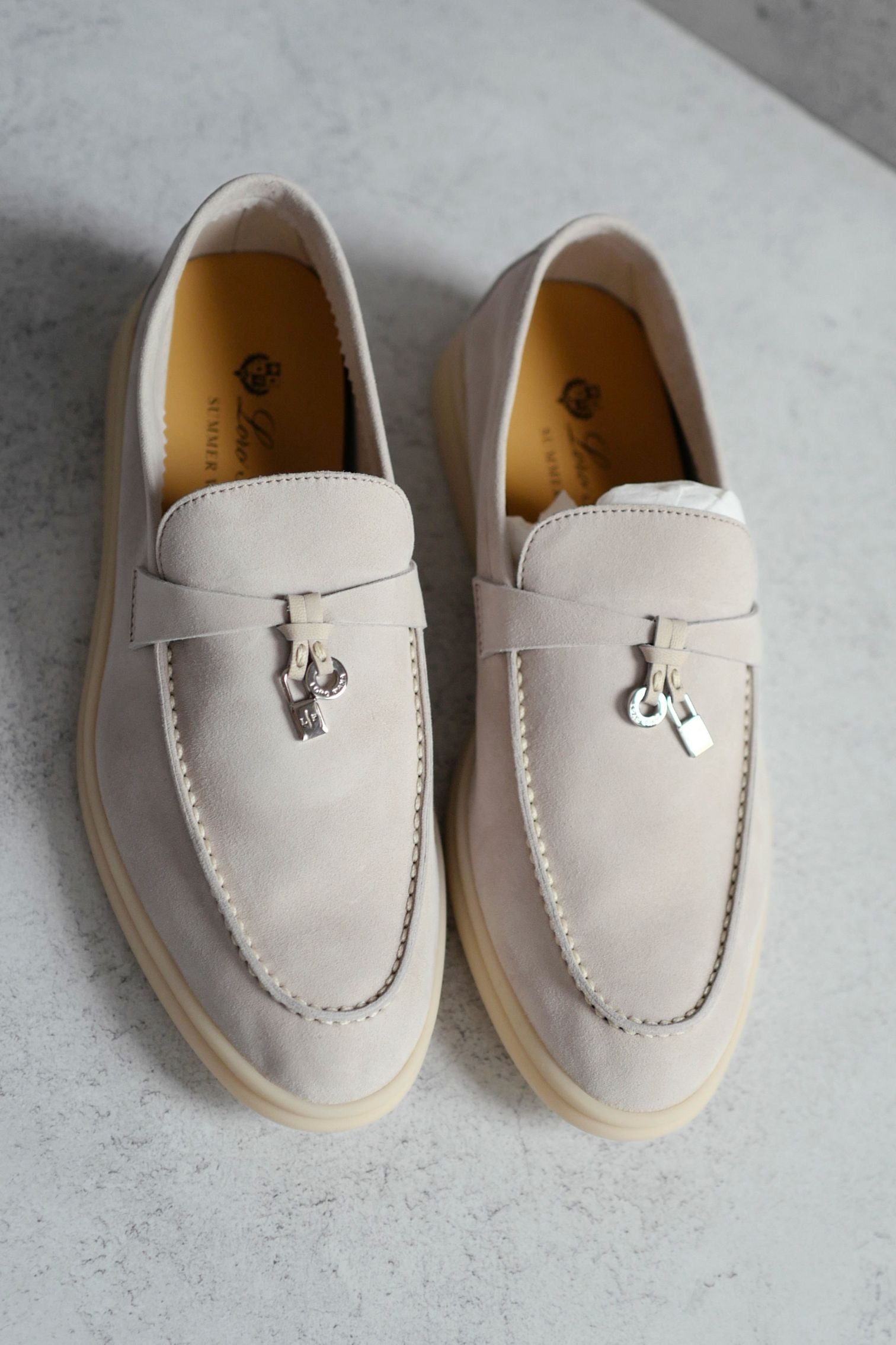 Loro Piana Summer Charm Walk Loafer Pearl Powder Suede Calfskin Size 37.5