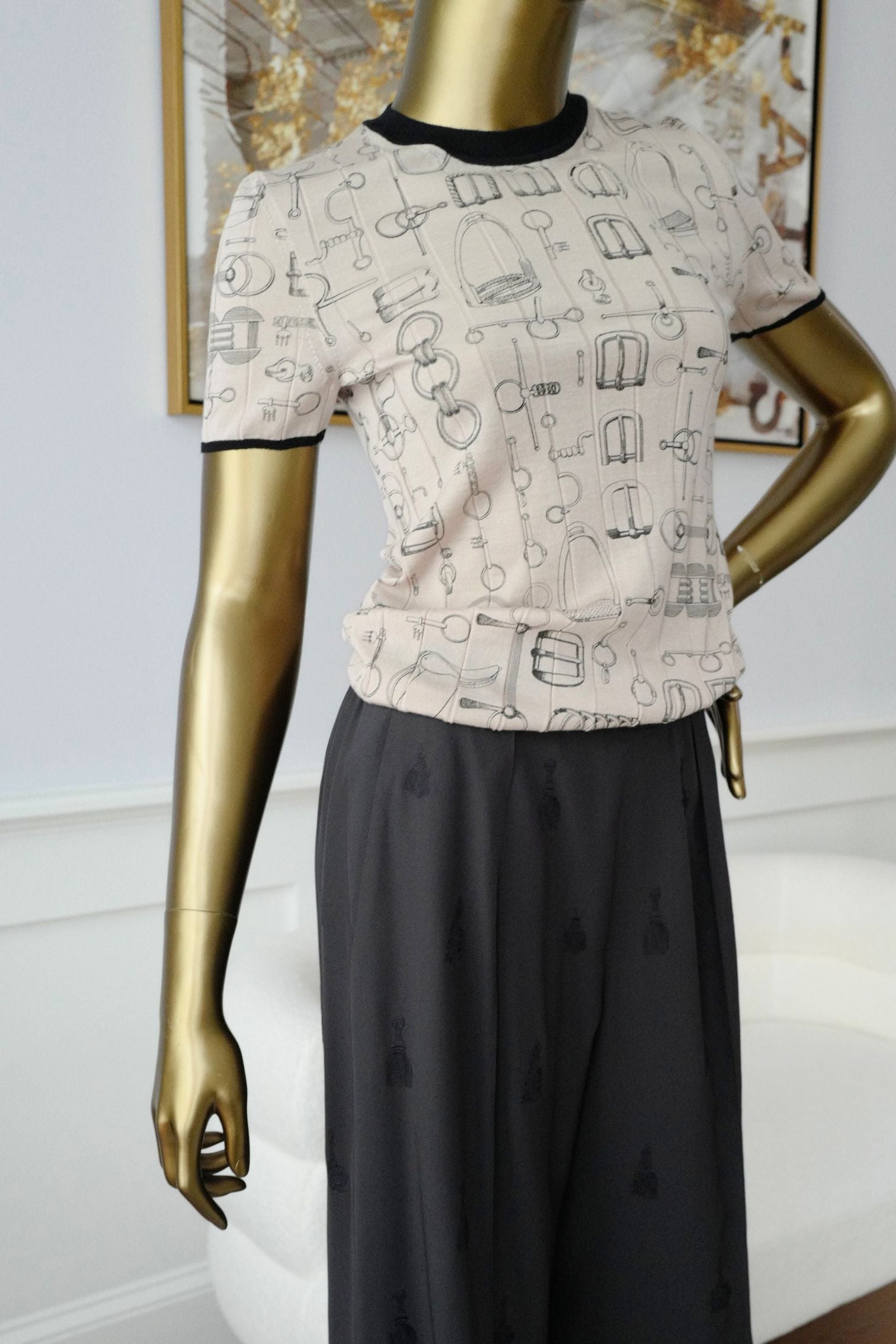 Hermès Short Sleeve Sweater "Cahier du Colporteur" Beige Cashmere Silk Size 36