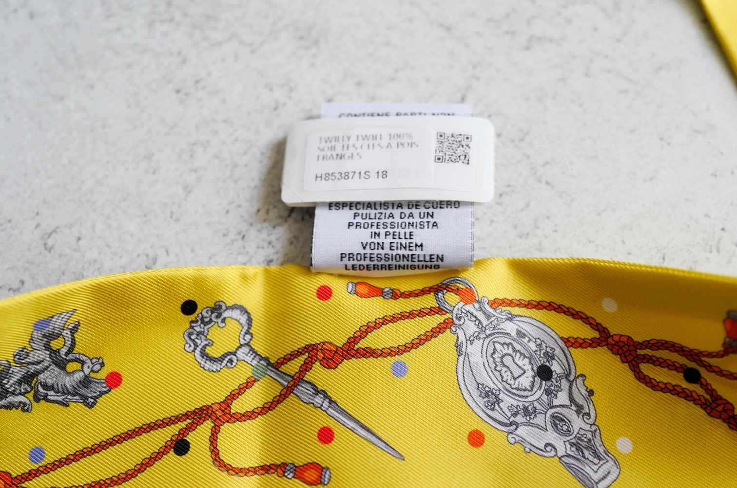 Hermès Twilly Les Cles a Pois Leather Fringes Jaune/Argent /Orange vif Silk